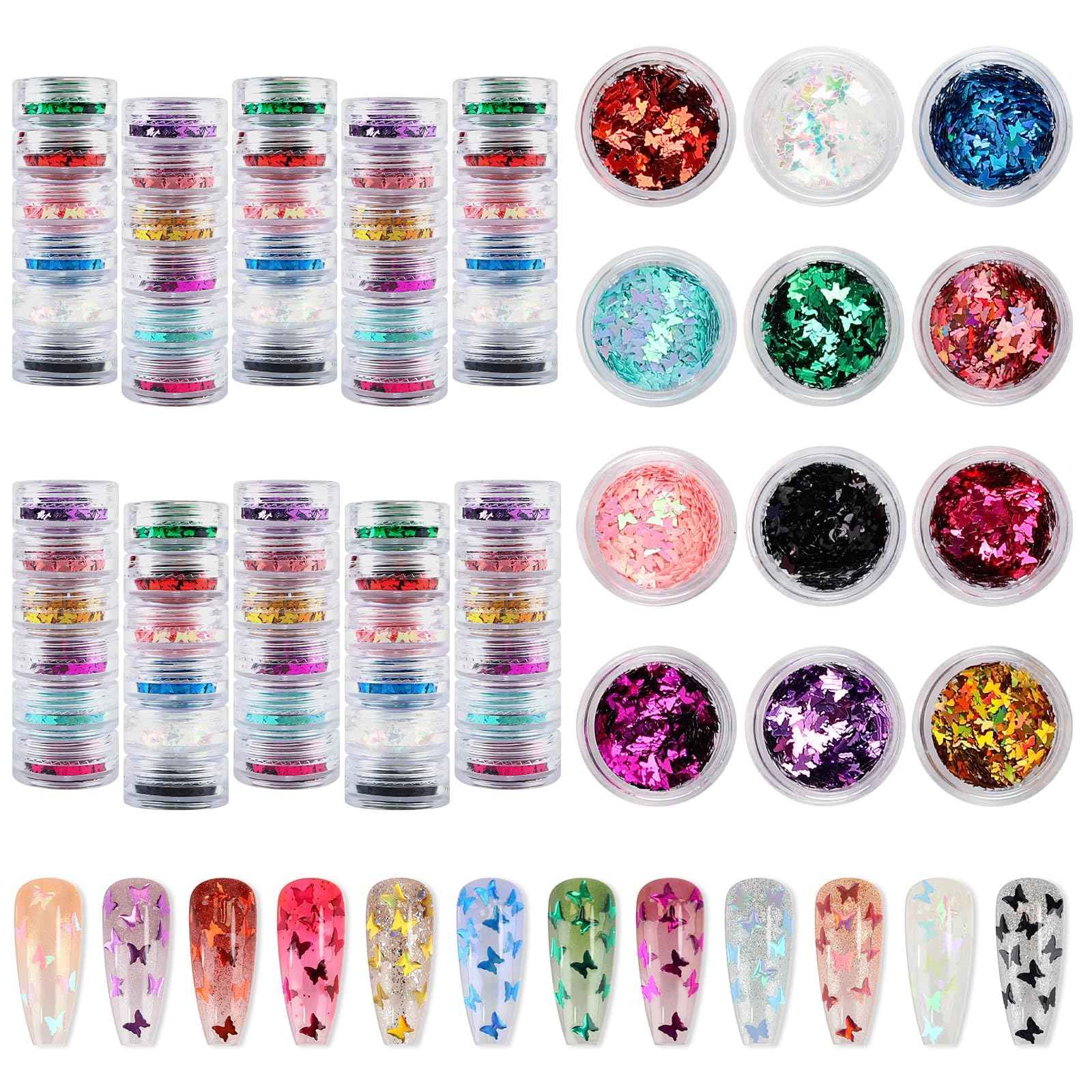 60 Pot Butterfly Nail Art Glitter Sequins, Kalolary Holographic Butterfly Nail Decals Metallic Laser Nail Art Flake Glitter for Face Eyes Nail Art Decoration DIY Craft(5 Boxes)