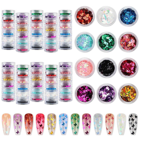 60 Pot Butterfly Nail Art Glitter Sequins, Kalolary Holographic Butterfly Nail Decals Metallic Laser Nail Art Flake Glitter for Face Eyes Nail Art Decoration DIY Craft(5 Boxes)