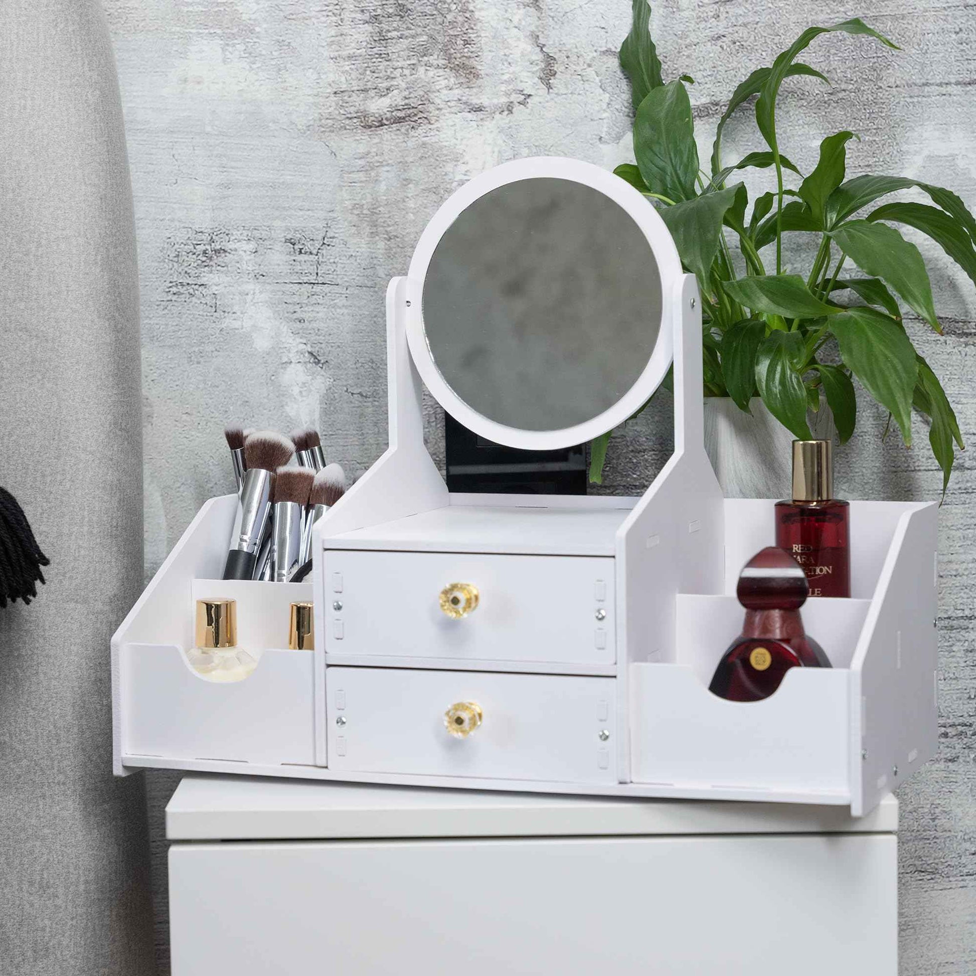 Domovina Wooden Makeup Organizer – Countertop Makeup Organizers with Mirror, Drawers – Cosmetic Organizer for Brushes, Skincare – Elegant Make Up Storage Holder for Vanity, Bathroom, Dresser