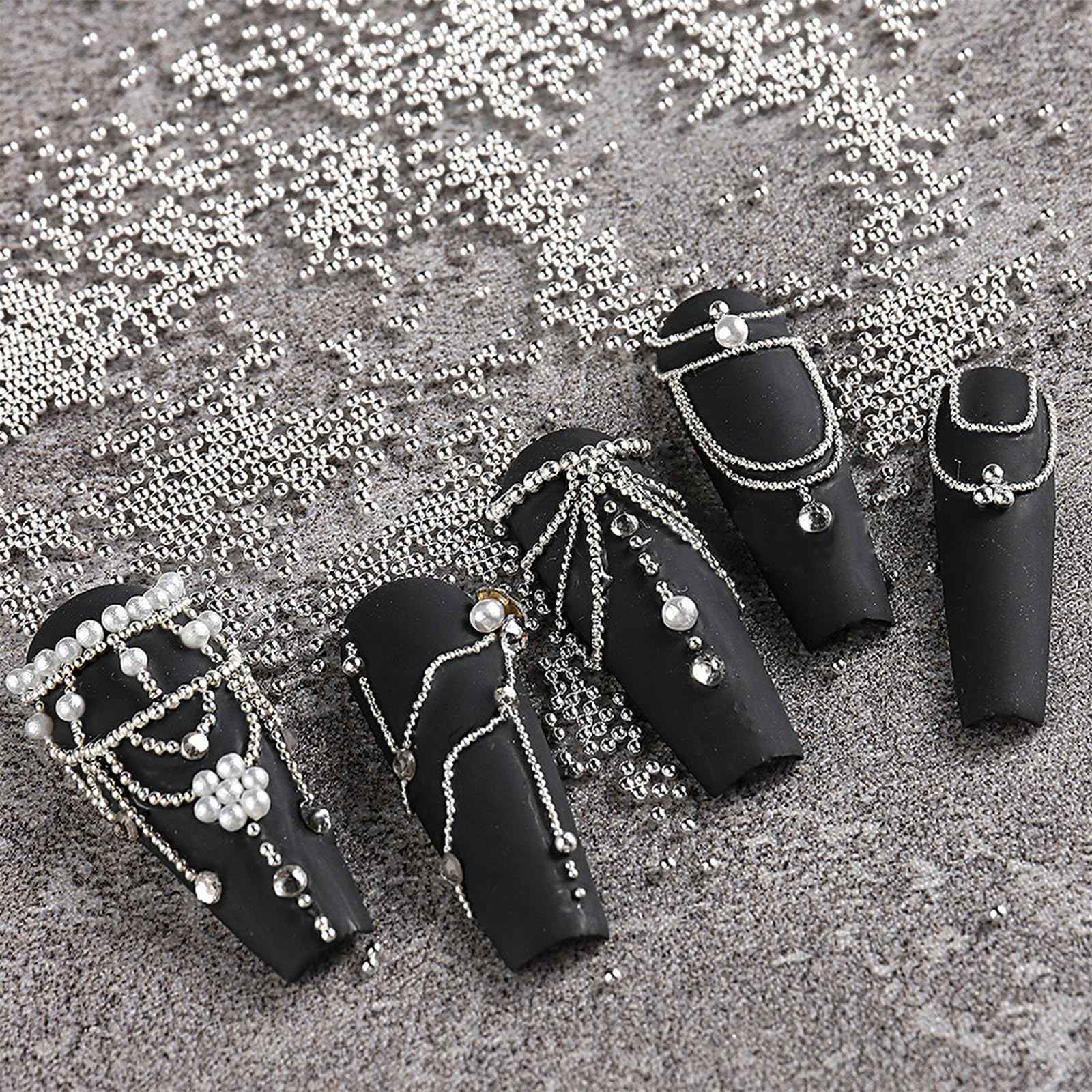 3D Nail Art Steel Pearls Mini Caviar Beads Silver Nail Charm 0.4mm-1.2mm Mini Caviar Metal Steel Beads for Women DIY Nail Art Accessories