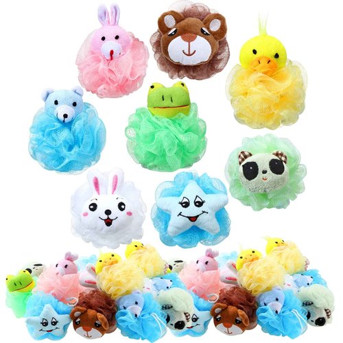 16 Pcs Kids Bath Loofahs Bulk Animal Cartoon Bath Sponge Cute Pouf Mesh Body Loofah Colorful Exfoliating Scrubber Shower Ball for Kids Toddler Boys Girls Adults
