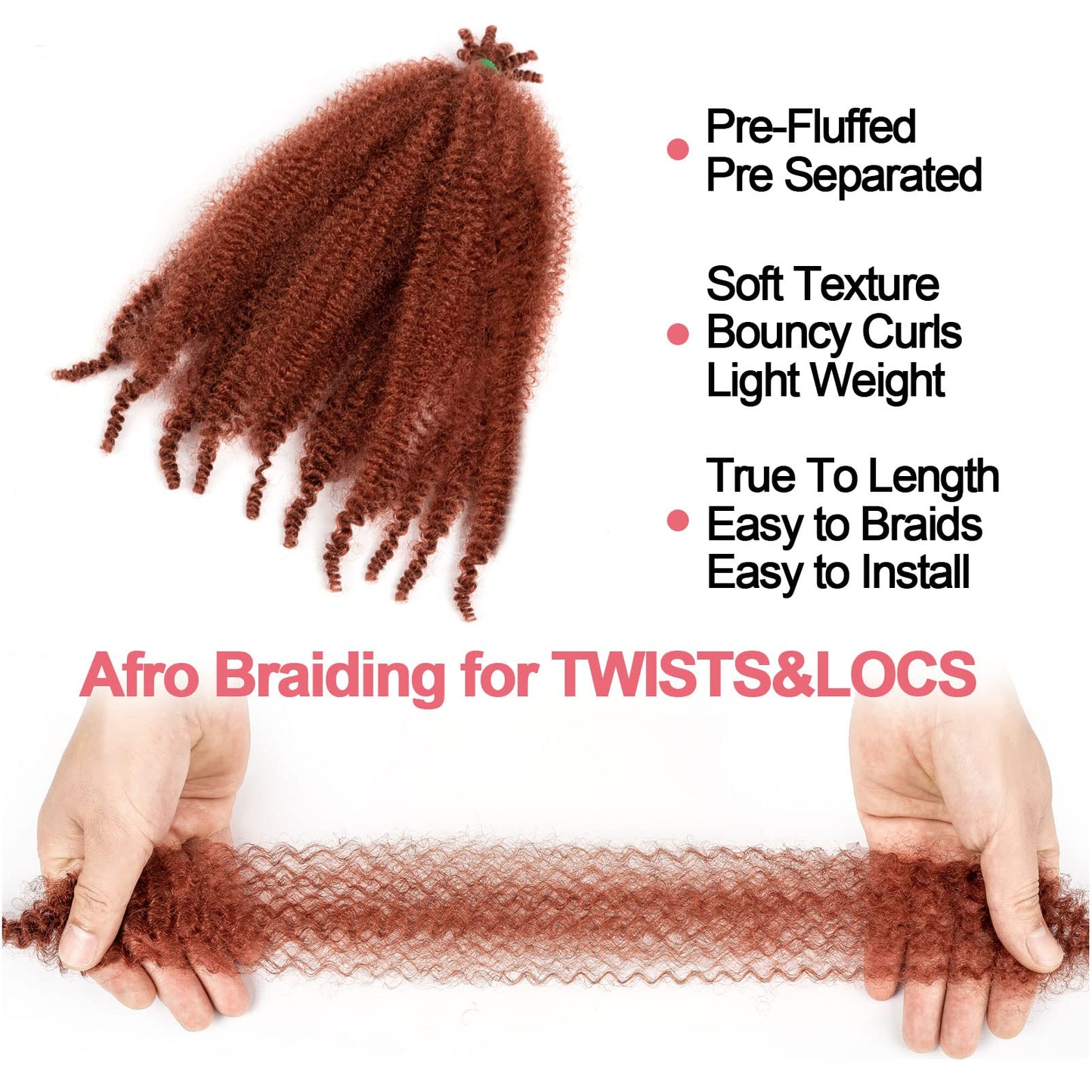 BATISI Pre Fluffed Afro Spring Twist Hair Copper #350 Short 12 Inch Springy Afro Twist Hair Braiding 2 Packs Pre Separated Marley Twist Kinky Hair Ginger Wrapping Hair for Soft Locs