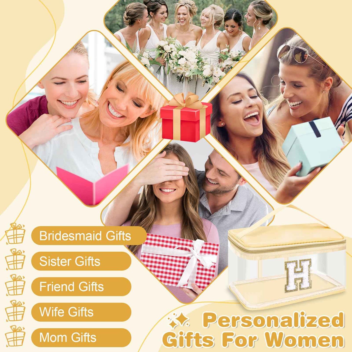 UIXIZQ Personalized Initial Letter Patch Clear Makeup Bag,Cute Preppy Chenille Letter Travel Cosmetic Bag with Handle,Nylon Toiletry Bag Handbag,Large Make up Storage Zipper Pouch for Women,H