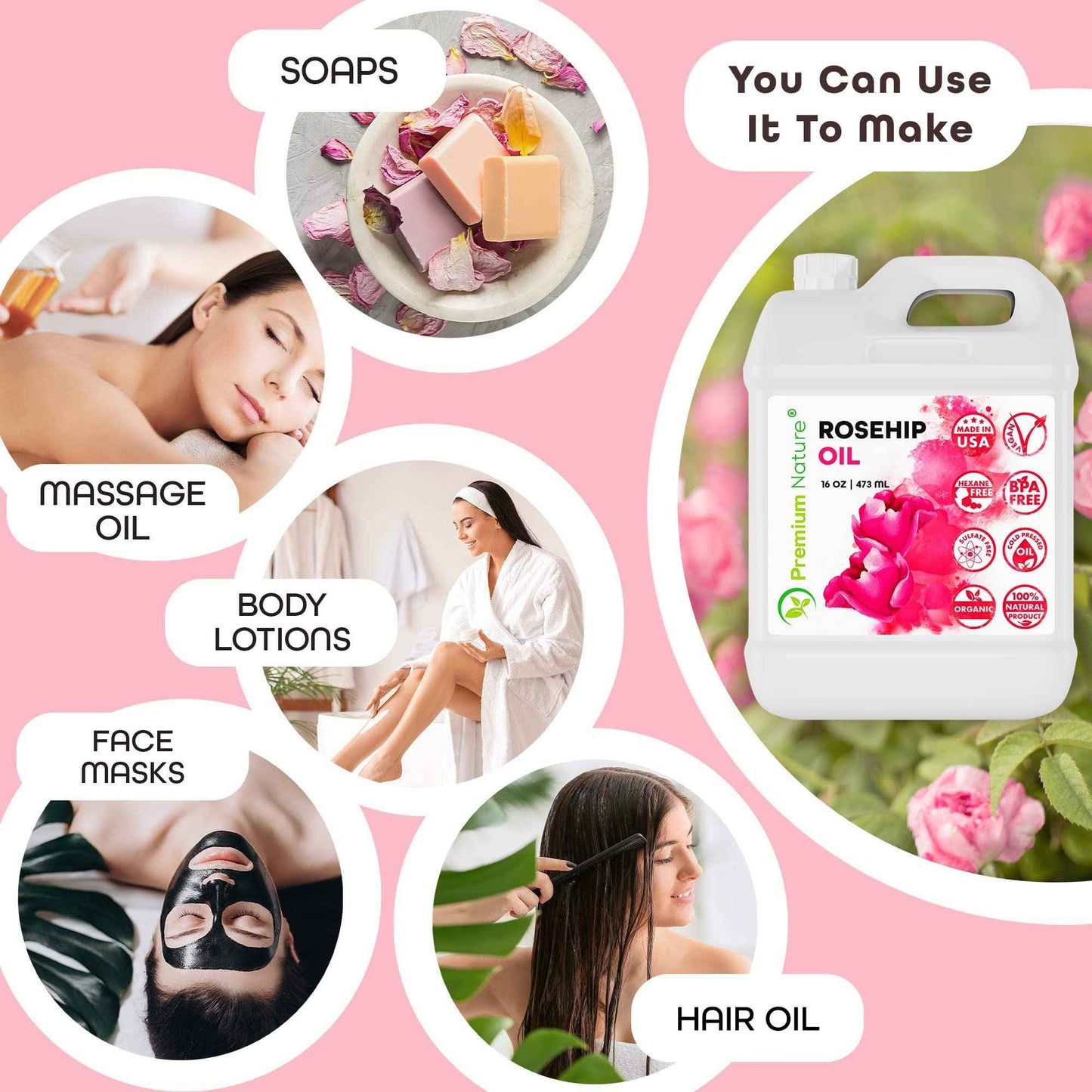 Rosehip Oil for Skin Face Body Hair Nails 16oz Cold Pressed Unrefined Rose Hip Seed Oils Moisturizing Facial Oils Bulk Aceite Rosa Mosqueta Puro 100 Organico Rose Oil For Face Oil For Dry Skin