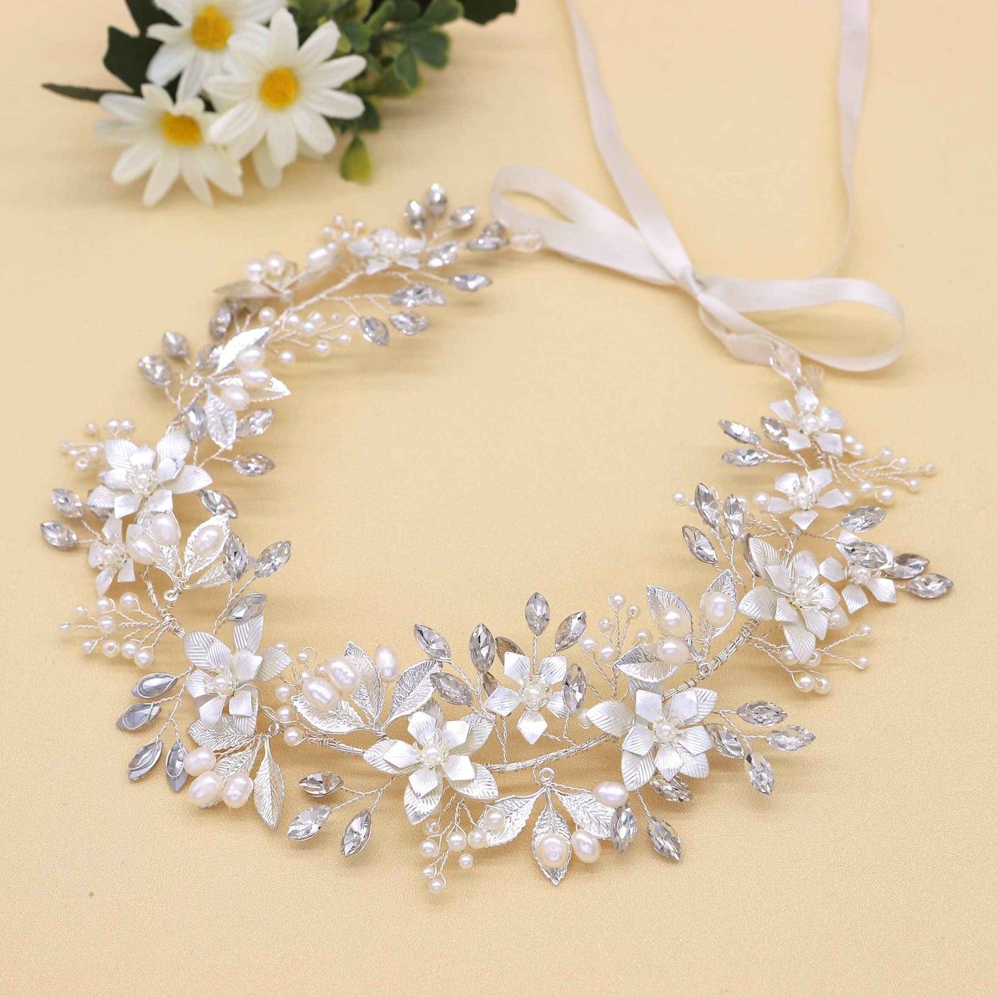 Oriamour Wedding Headband Bridal Headpiece Flower Design With Genuine Freshwater Pearls And Ribbons Hair Accessories For Bride (Silver)