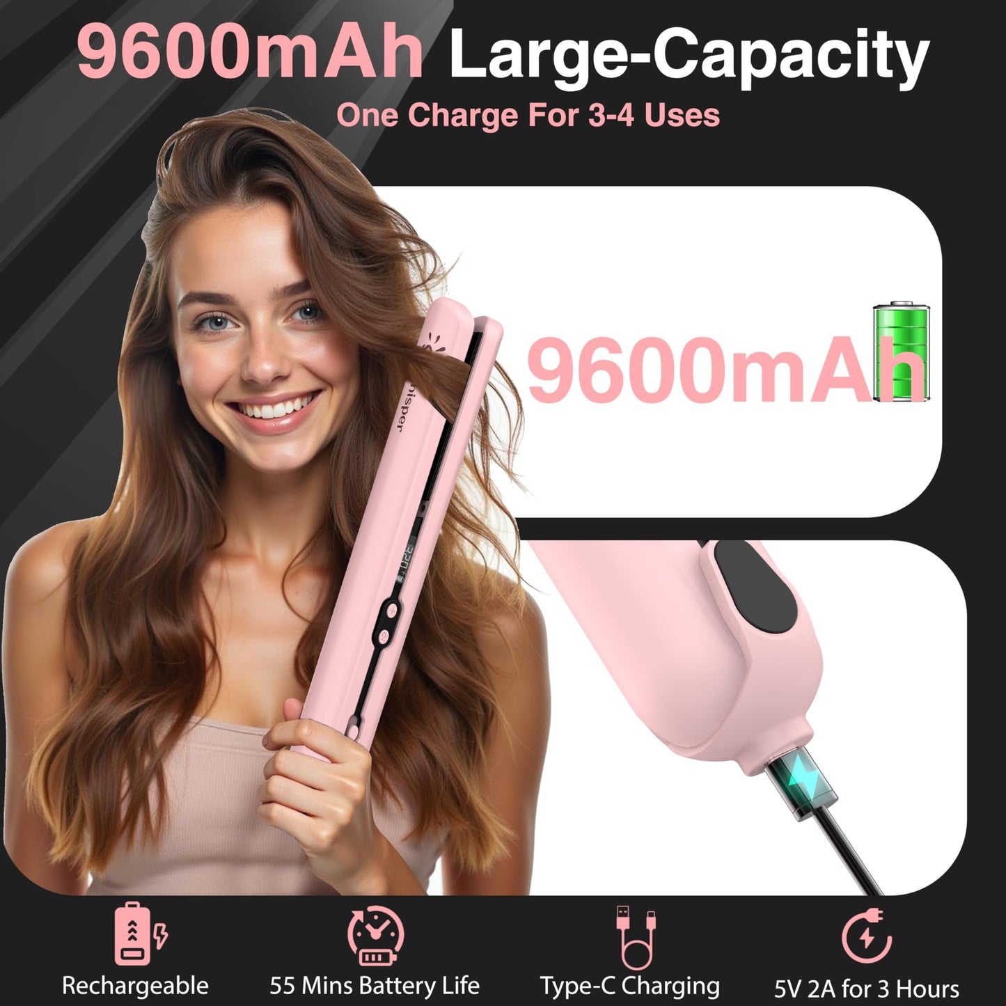 Cordless Hair Straightener for Women, Rechargeable Cordless Flat Iron with 9600mAh Battery, Portable Hair Straightener and Curler 2 in 1 for Car, 20 Million Negative Ions, LCD, 6 Adjustable Temp(Pink)