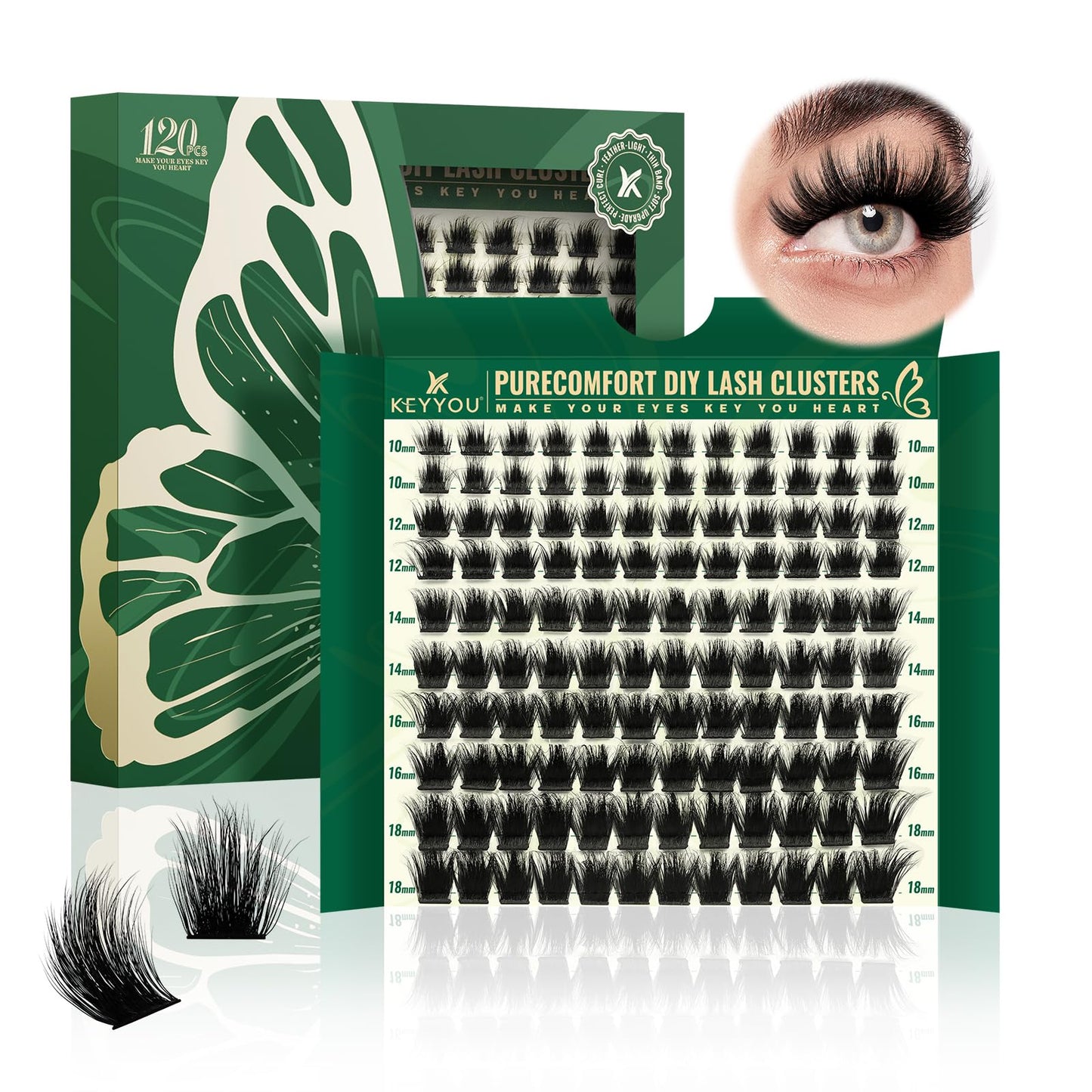 KEYYOU Lash Clusters 120pcs Eyelash Clusters 10-18mix D Curl Cluster Lashes Thick Super Soft Wispy DIY Eyelash Extension at Home(PC01-D-10-18MIX)