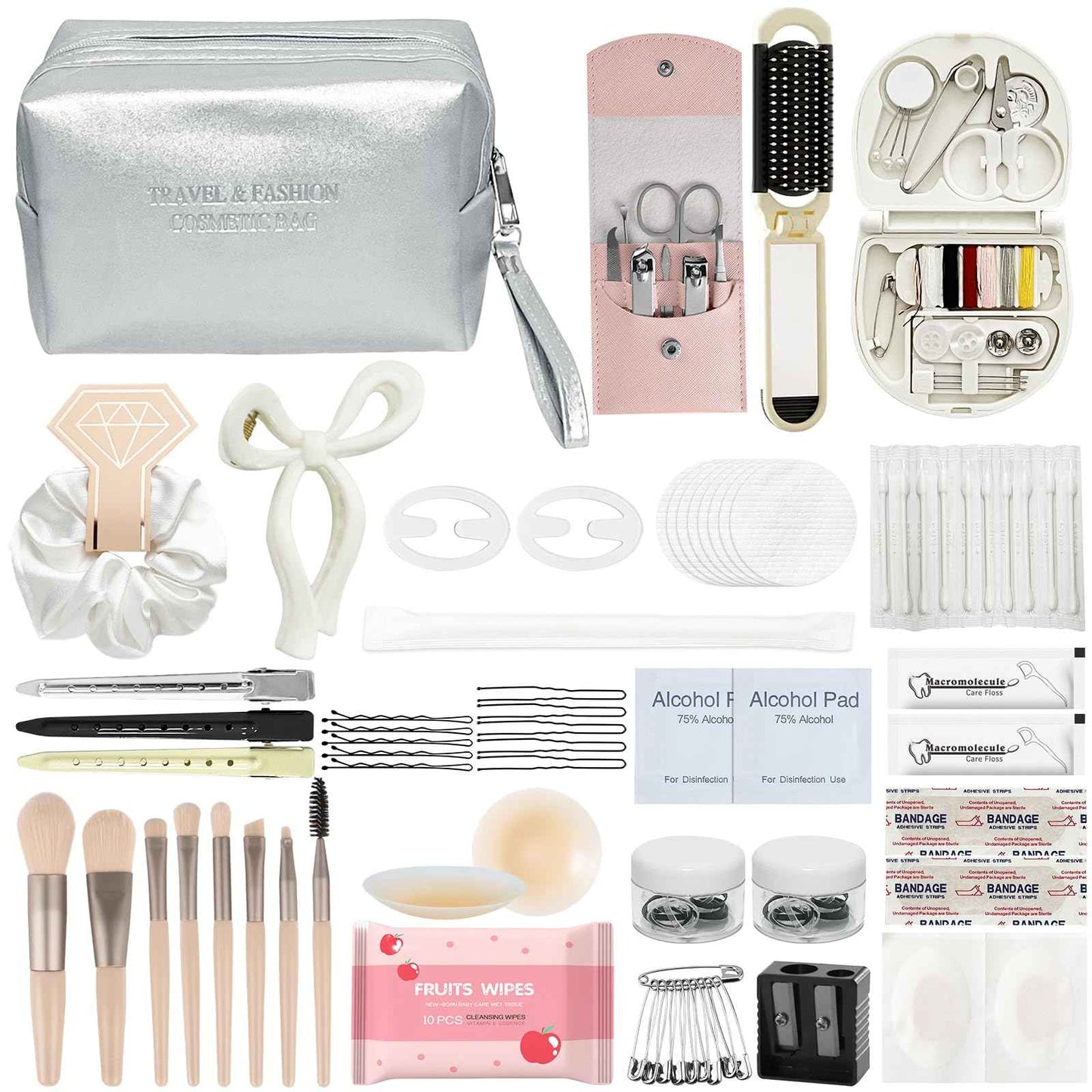 Bridal Emergency Kit for Wedding Day, Wedding Essentials Survival Set for Team Bride, Must-Have 50pcs Essentials Travel Kit with Makeup Bag(Sliver)