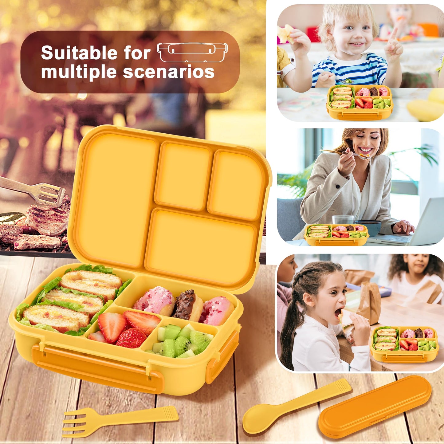 Amathley Lunch Box Kids,Bento Box Adult,Leakproof Lunch Containers for Adults/Kids/Toddler,1200ML-4 Compartments bento Lunch box with Utensil,Microwave & Dishwasher & Freezer Safe (Yellow)