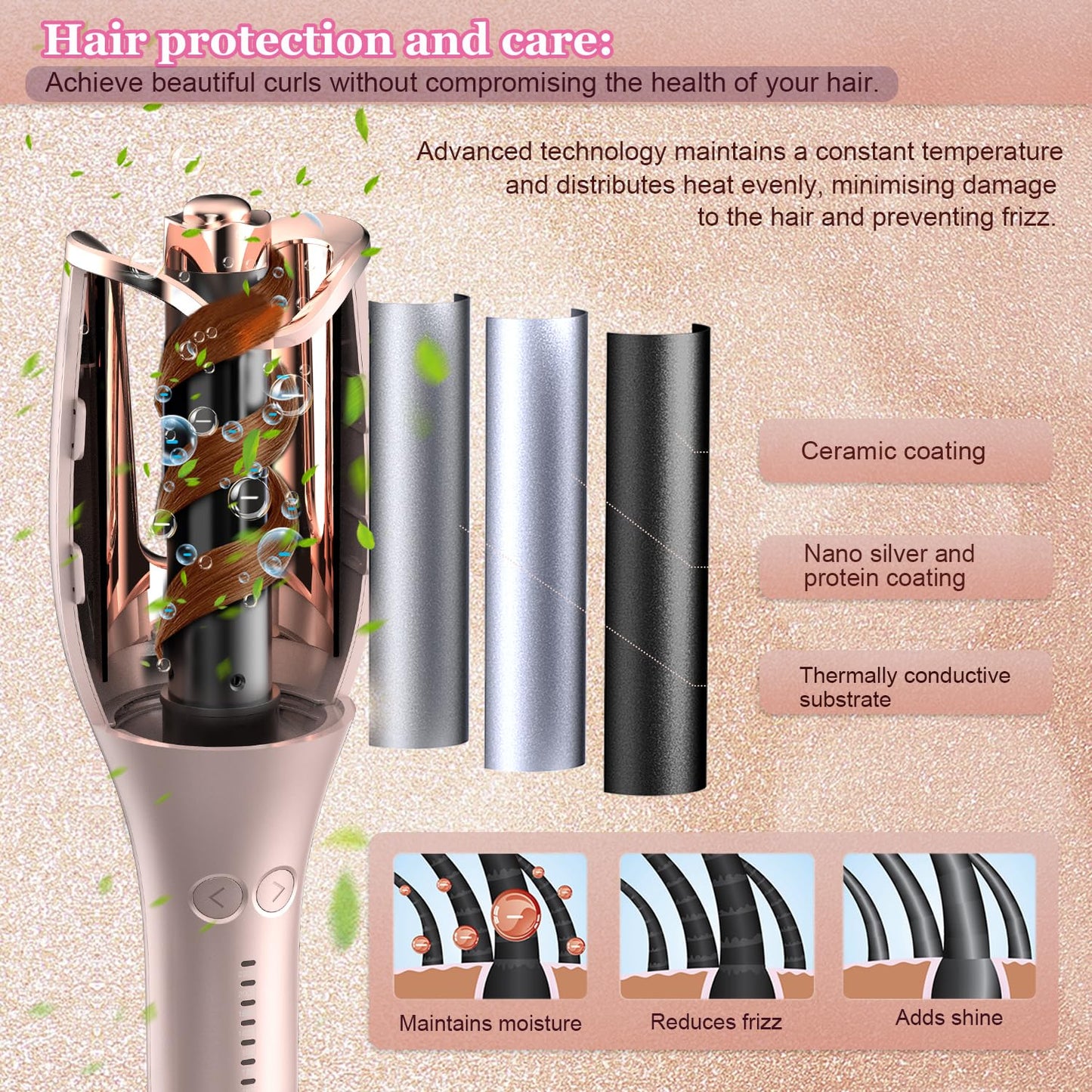 BUJIYI Automatic Hair Curler, Curling Iron 1 inch Large Rotating Barrel, 4 Temperature Options and 15 Seconds Fast Heating, Suitable for 6-25 inch Long Hair (Gold)