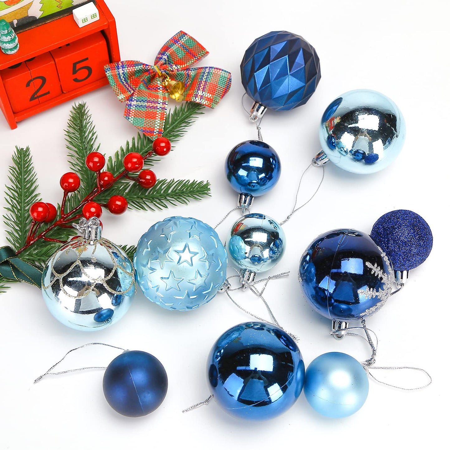 DomeStar 100PCS Shatterproof Blue Christmas Ornament Set - Glitter Balls for Tree Decor and Wreaths