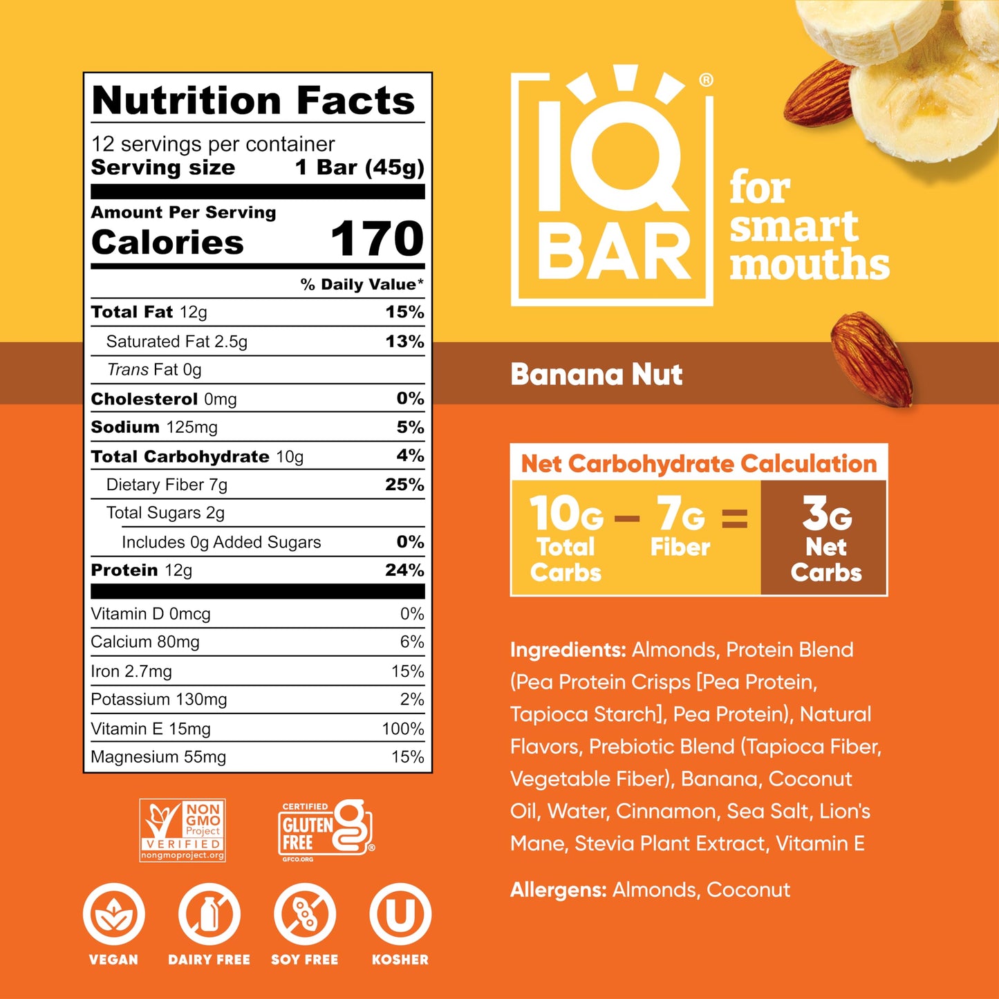 IQBAR Brain and Body Plant Protein Bars - Banana Nut - 12 Count, Low Carb, High Fiber, Gluten Free, Vegan Snacks - Low Sugar Keto Energy Bar Pack