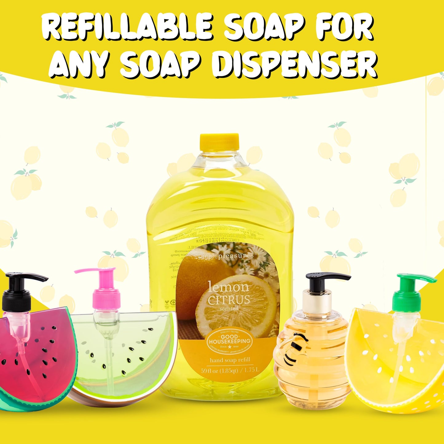 SIMPLE PLEASURES Premium Hand Soap Collection - Lemon Scent, 7.9 oz Bottle with Jumbo 59 oz Refill - Goodhousekeeping Seal Approved - Multiple Scents Lemon Hand Soap Dispenser, Lemon Hand Soap Refills