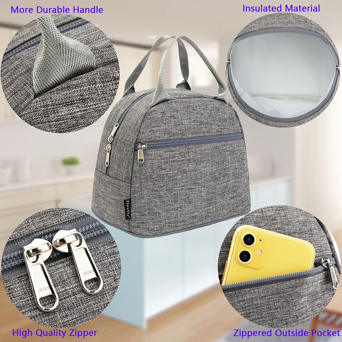 FlowFly Lunch Bag Tote Bag Lunch Organizer Lunch Holder Insulated Lunch Cooler Bag for Women/Men,Heather Grey