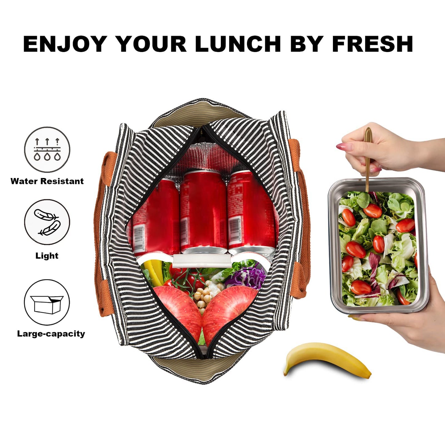 Joymee Lunch Bag Women Insulated Lunch Box Large Reusable Leakproof Spacious Cooler Tote for Women Men Adult with Bottle Holder and Side Pockets for Work Office Travel Picnic - Strip Black