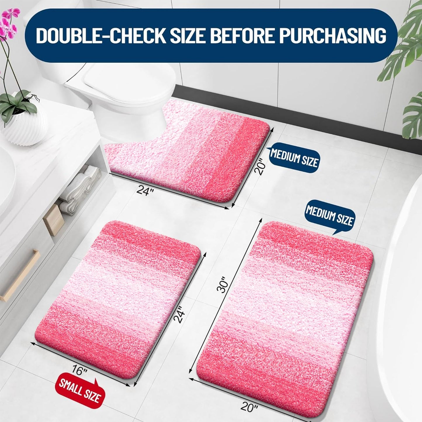 OLANLY Bathroom Rug Mat 24x16, Extra Soft and Absorbent Microfiber Bath Rugs, Non-Slip Plush Shaggy Bath Carpet, Machine Wash Dry, Bath Mats for Bathroom Floor, Tub and Shower, Pink