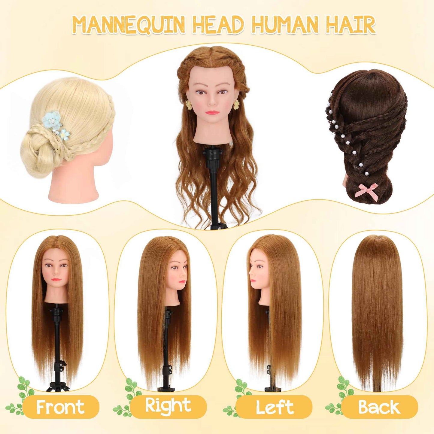26-28’’ Mannequin Head with 80% Human Hair with Adjustable Tripod Stand, Cosmetology Doll Head for Braiding, Mannequin Head Human Hair for Hairdressers Practice Hairstyling with Tools