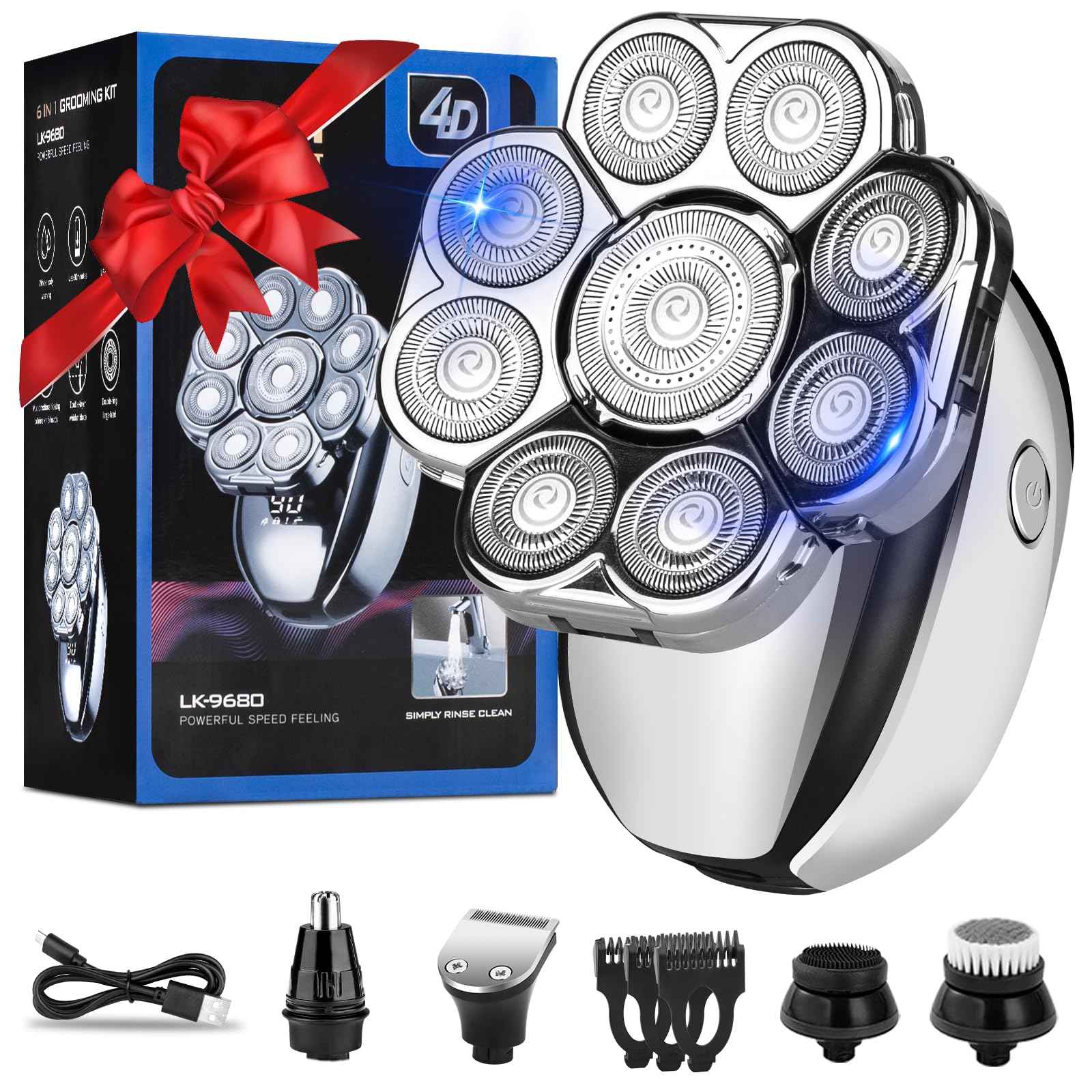 Upgrade Head Shavers for Bald Men,Head Shaver 9D, 6-in-1 Electric Razor Grooming Kit with Nose Hair Trimmer, Waterproof Wet/Dry Shaver, LED Display, Rechargeable Bald Head Razor, Gift for Men