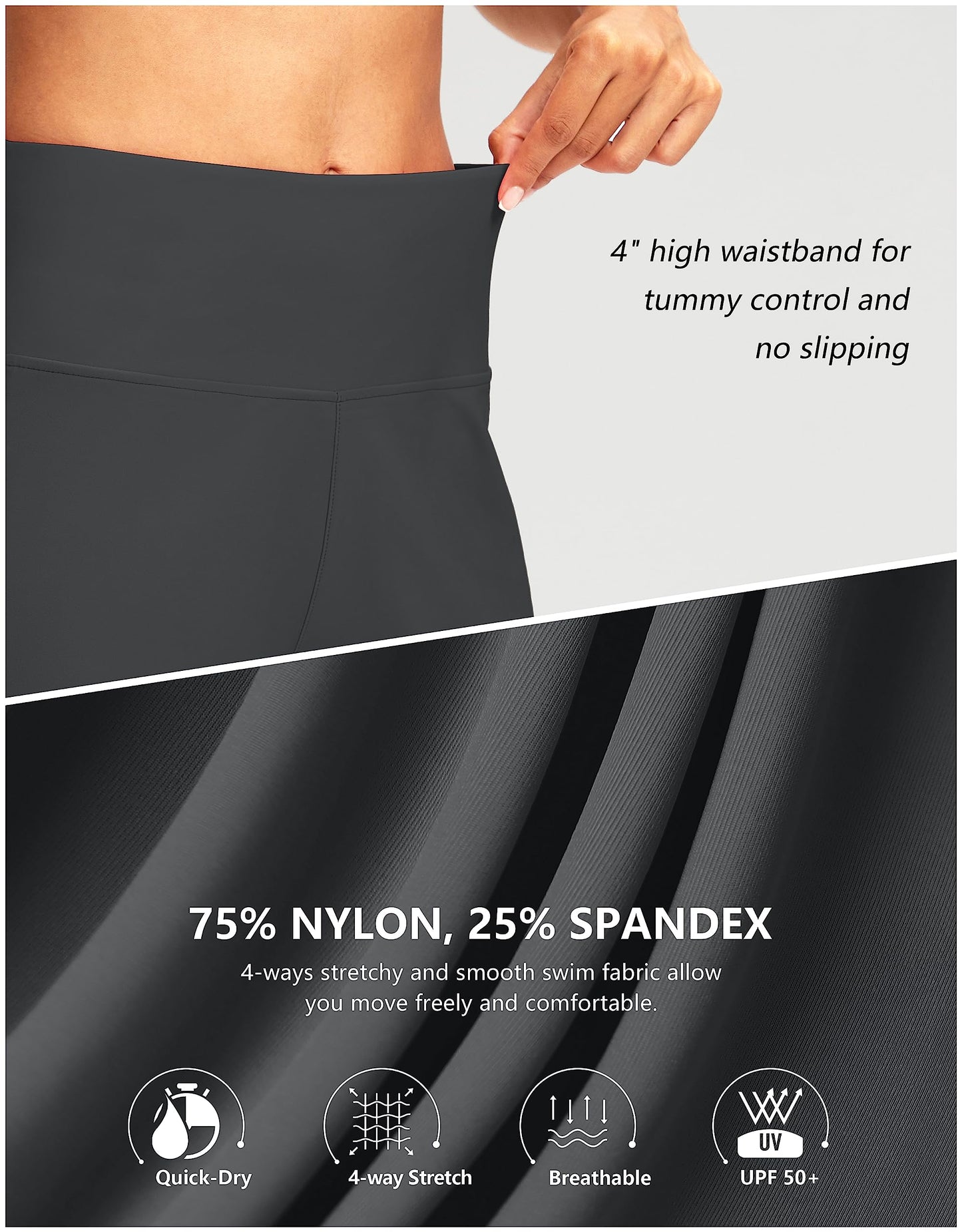 Women's 7" Long Swim Board Shorts High Waisted Quick Dry Beach Swimming Shorts for Women with Liner Pockets(Dark Grey,S)