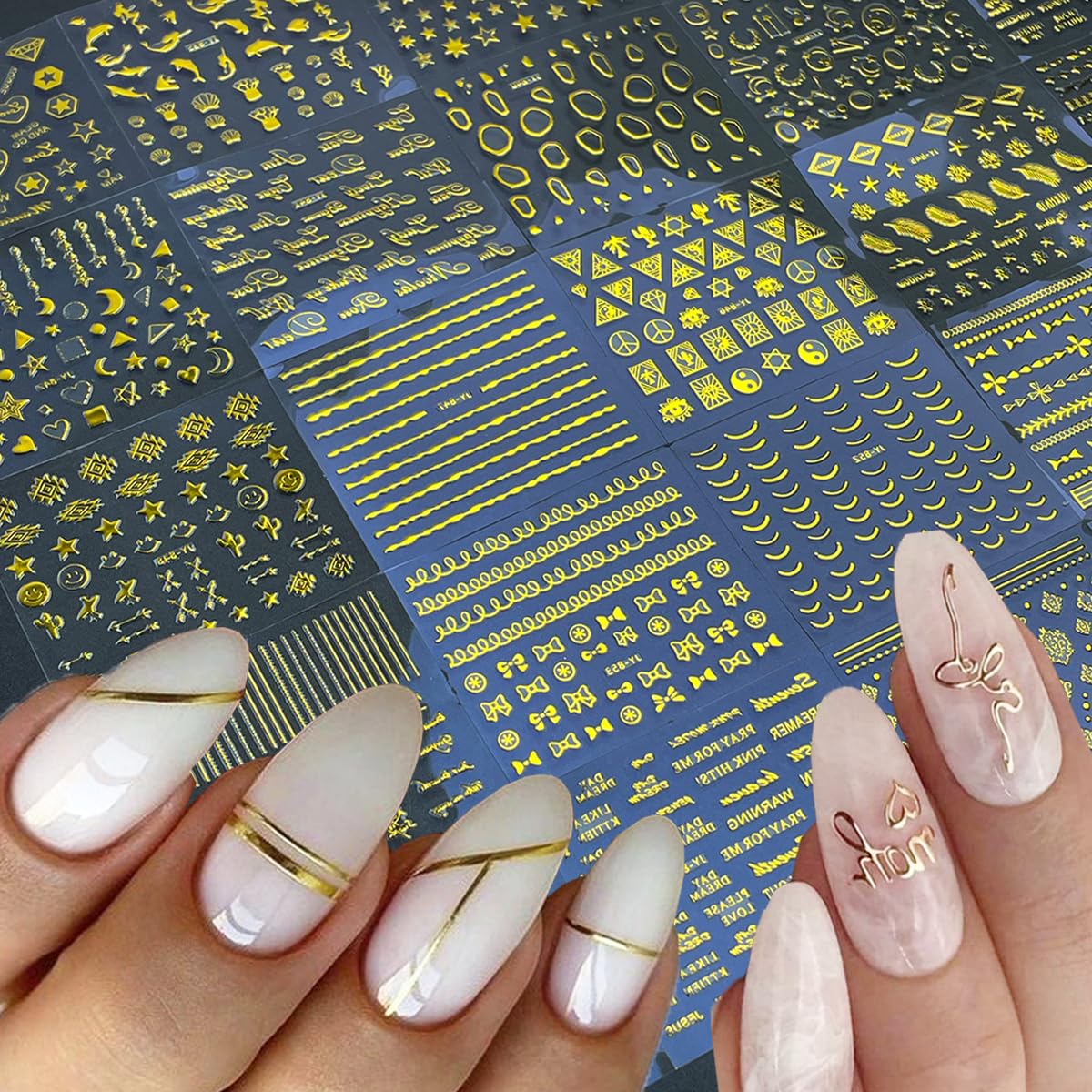 30 Sheets Gold Nail Stickers for Nail Art French Tip Line Nail Art Stickers 3D Self-Adhesive Pegatinas Uñas Gold Geometric Line Star Letter Nail Decal for Women Manicure Tips DIY Acrylic Nail Supplies