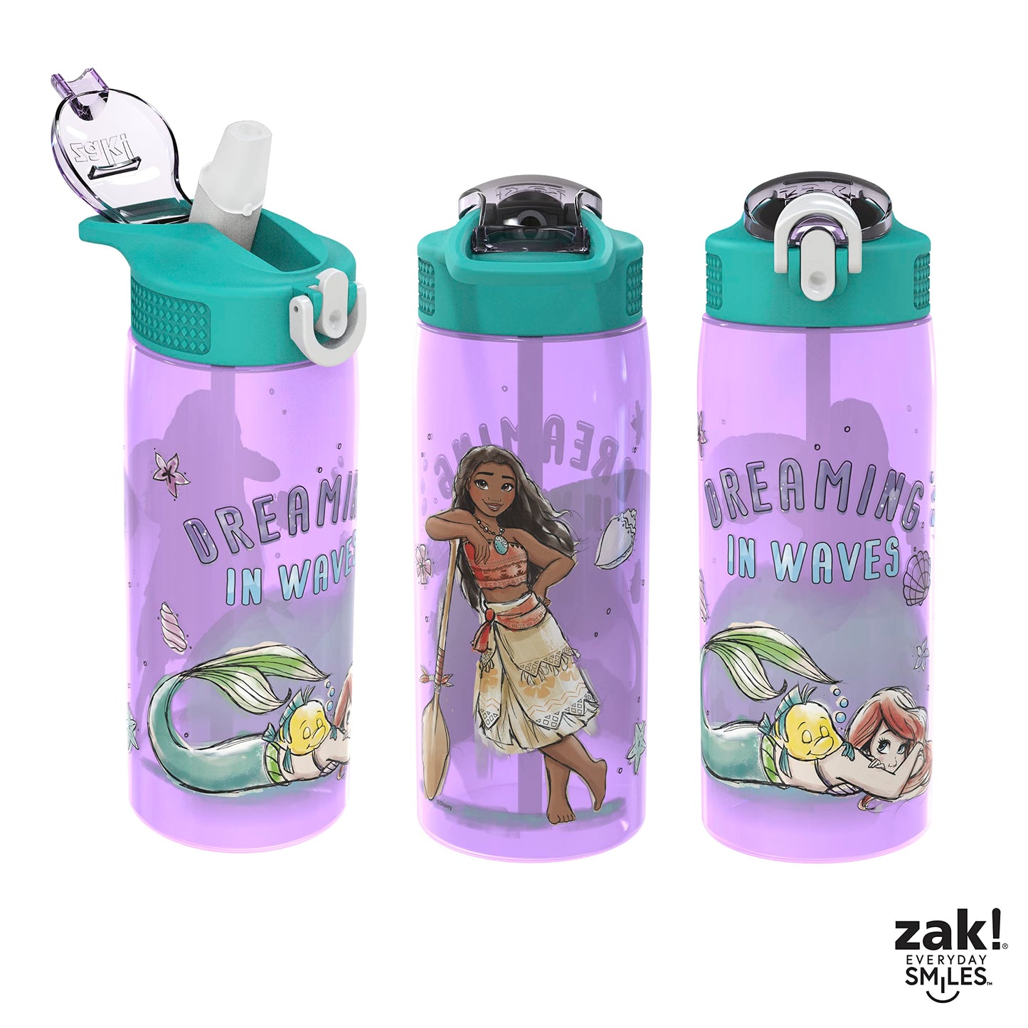 Zak Designs Disney Princess Kids Water Bottle For School or Travel, 25 oz Durable Plastic Water Bottle With Straw, Handle, and Leak-Proof, Pop-Up Spout Cover (Ariel, Moana)