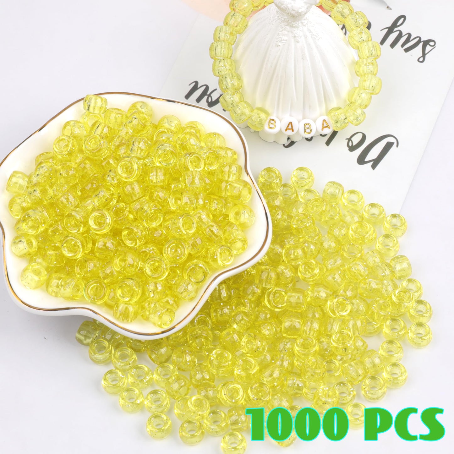 Auvoau 1000Pcs Pony Beads Bracelet 9mm Yellow Glitter Plastic Barrel Pony Beads for Necklace,Hair Beads for Braids for Girls,Key Chain,Jewelry Making (Yellow Glitter)