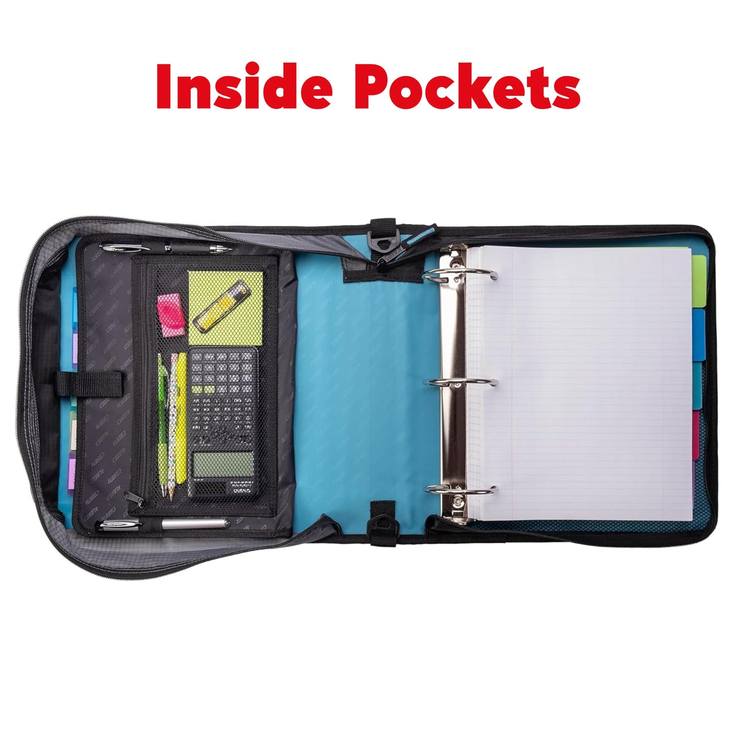 Case-it Mighty Zip Tab Zipper Binder, 3" O-Ring with 5-Color tabbes, Expanding File Folder and Shoulder Strap and Handle, D-146-TEAL