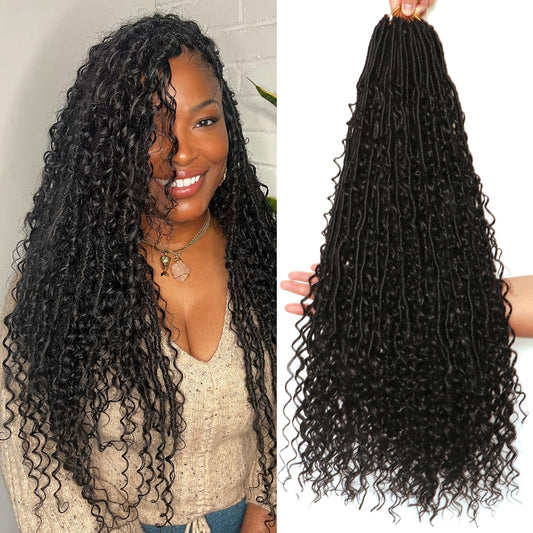 Goddess Locs Crochet Hair-24 Inch 8 Packs Boho Faux Locs Crochet Hair for Black Women Pre Looped Soft Locs with Curly Ends (1B#, 24 Inch(Pack of 8))