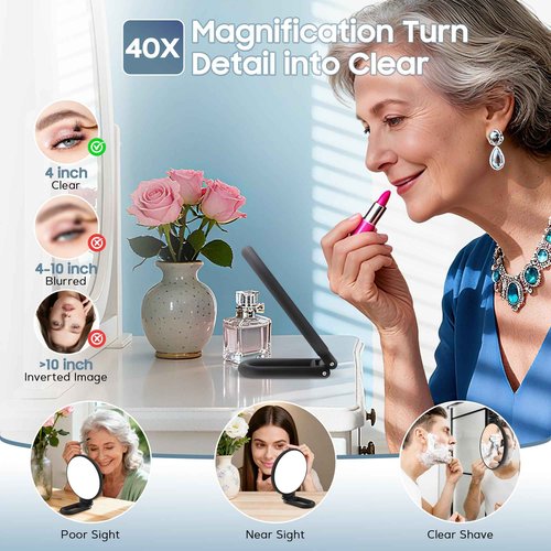 B Beauty Planet 40X Magnifying Mirror, Hand Mirror for Makeup, Double Sided with 40X/1X Magnification, Travel Essential, Portable Foldable for Desktop and Bathroom, Gift for Women, Frosted Black
