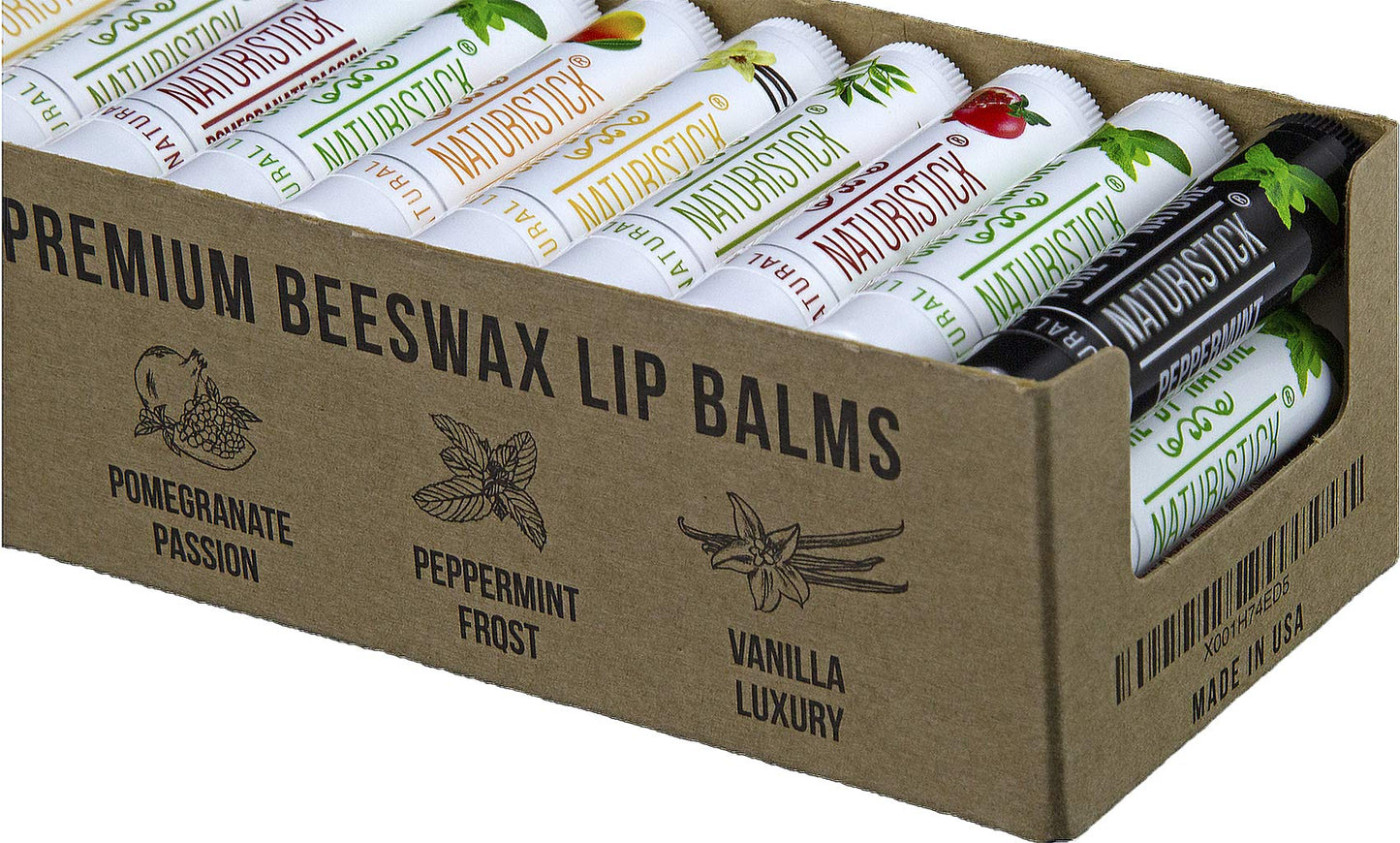 36-Pack Bulk Lip Balm Gift Set by Naturistick. Assorted Scents. 100% Natural Ingredients. Includes Counter Display Box. Best Beeswax Chapstick for Dry, Chapped Lips. Made in USA