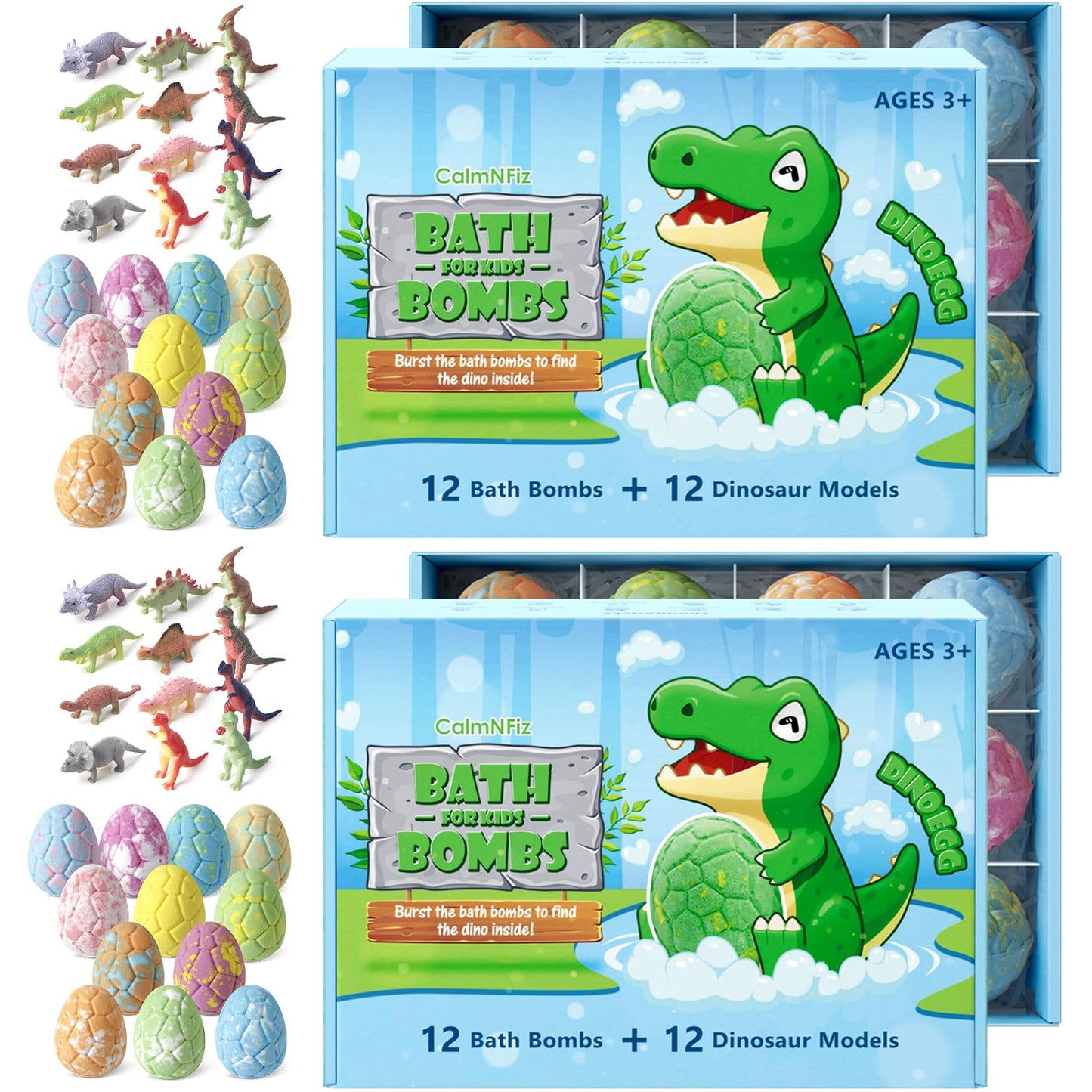 CalmNFiz Bath Bombs with Surprise Dinosaur Toys Inside, 24 Pack Organic and Natural Bubble Bath Bombs,Stocking Stuffers for Kids, Bath Bomb Set for Her/Him (2 Sets)