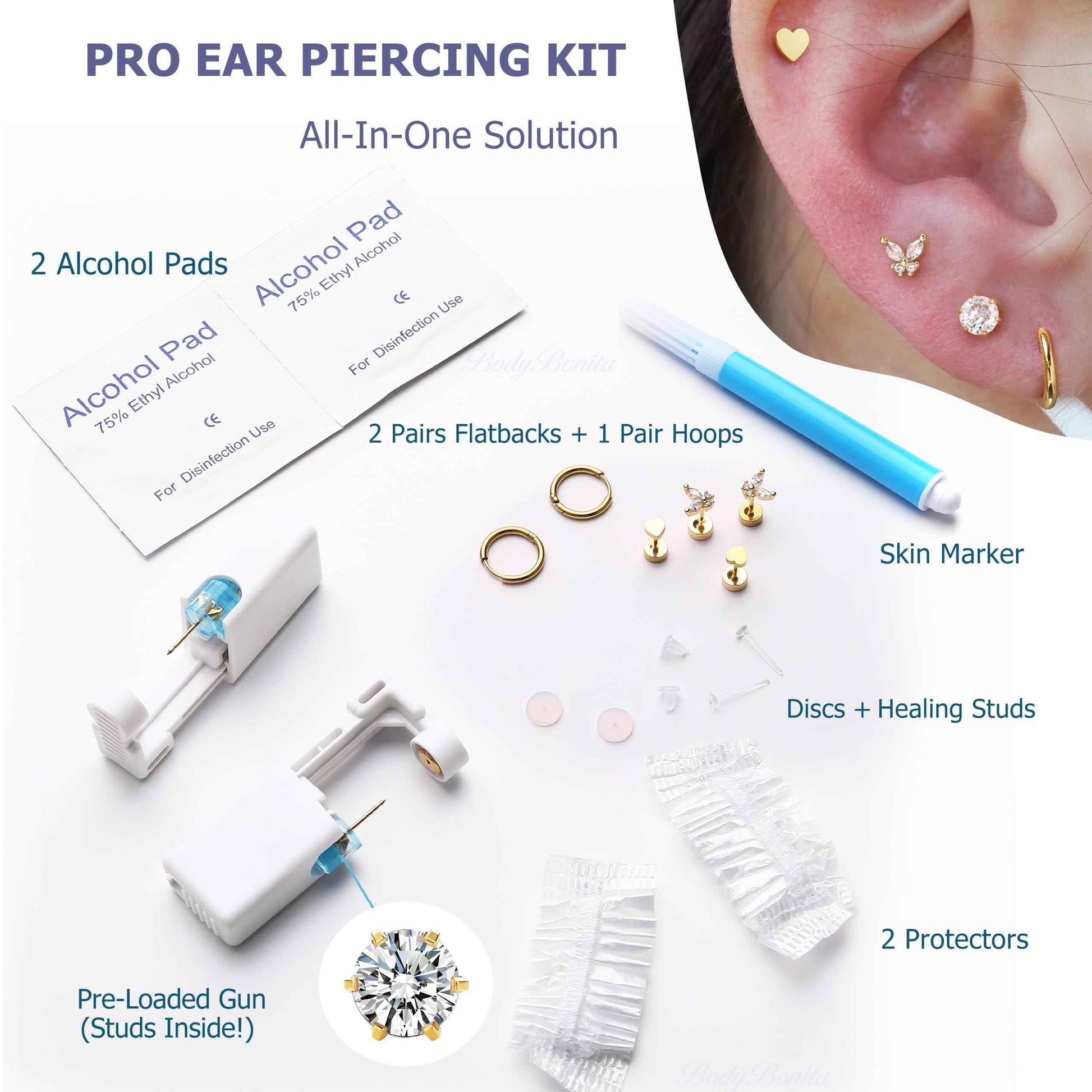 KRFY Ear Piercing Kit Sets, Disposable Stainless Steel Ear Piercing Gun with Preloaded Stud Earrings for Women, Self Pierce Studs Kit Tool, Flat Back Hoop Earrings Cartilage Jewelry Three Gold Plated