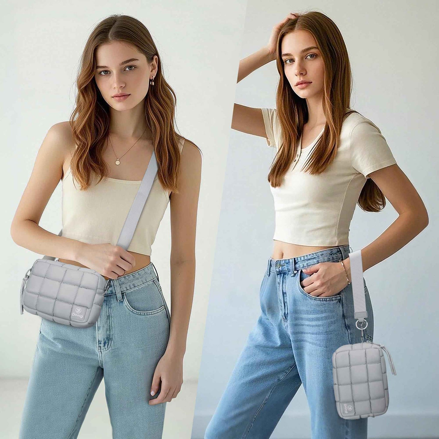 DOYOGI Quilted Cosmetic Bag, Puffer Makeup Bags, Crossbody Purses for women,Cute Travel Toiletry Bag for Women (Grey)