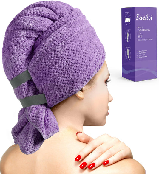 Sackei Large Microfiber Hair Towel Wrap 43.3" x 35.4" Soft Anti Frizz Hair Drying Towel with 2 Elastic Band, Super Absorbent Fast Dry Plopping Hair Turbans for Women Wet Long Curly Hair Purple