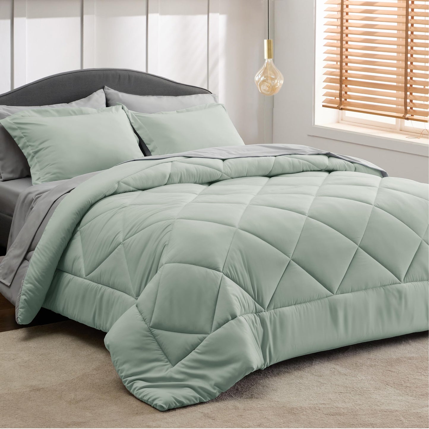 Bedsure Sage Green Twin Comforter Sets - 5 Pieces Reversible Twin Bedding Sets for College, Sage Green Extra Long Bed Set Twin with Comforters, Sheets, Pillowcase & Sham