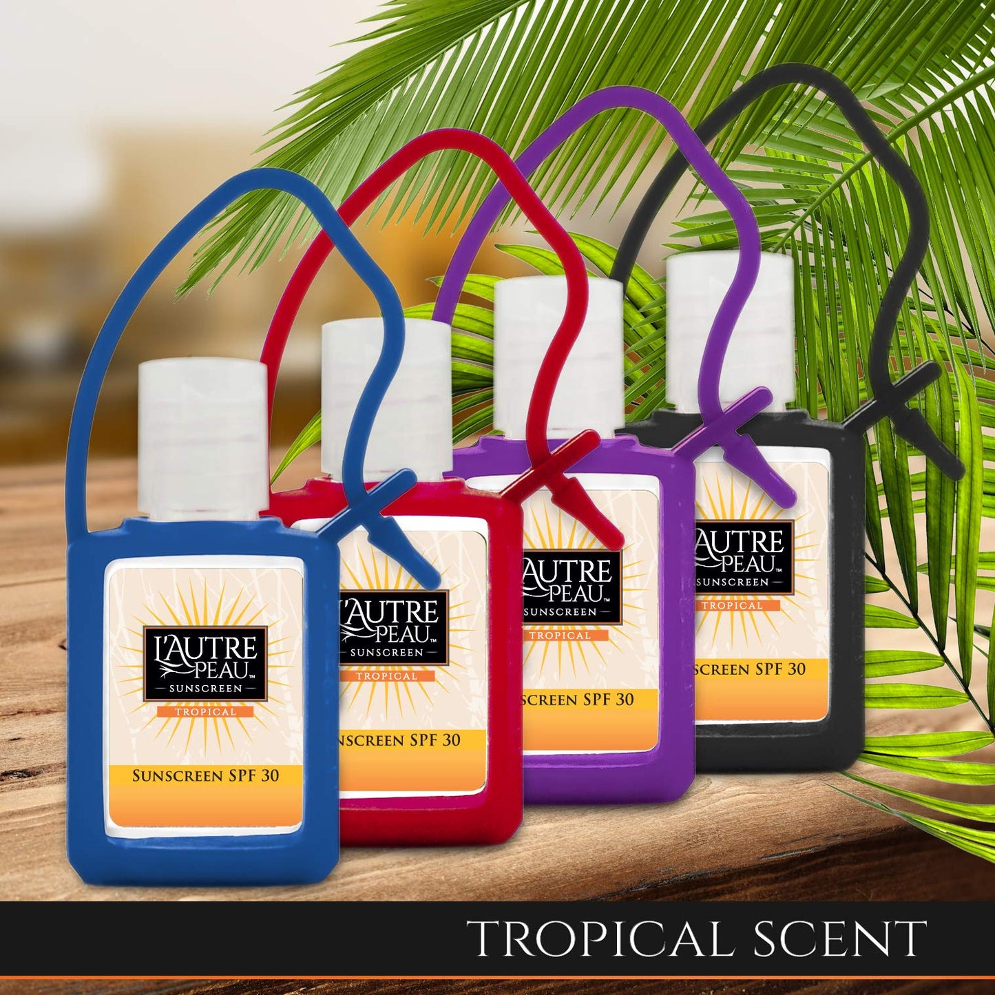 SPF 30 Sunscreen Multi-Pack by L'AUTRE PEAU | Travel Size Sunscreen for Men, Women, and Kids | Non-Greasy Water Resistant | Tropical Scent | TSA Approved | (4 Pack Sunscreen With Travel Strap)