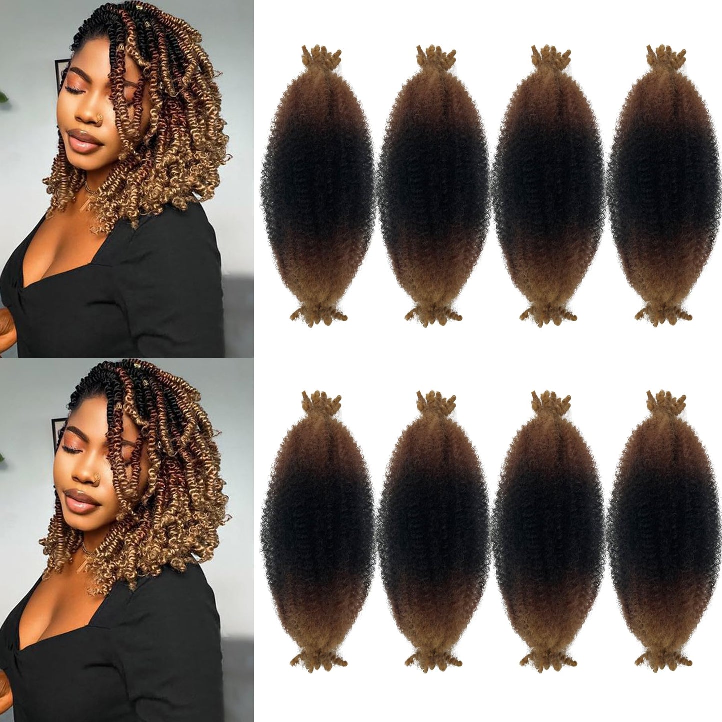 Marley Twist Braiding Hair Afro Twist Hair 12Inch Ombre Brown Springy Afro Twist Hair 8Packs Kinky Twist Hair Spring Twist Hair Synthetic Marely Hair CubanTwist Hair Wrapping Hair for Soft Locs