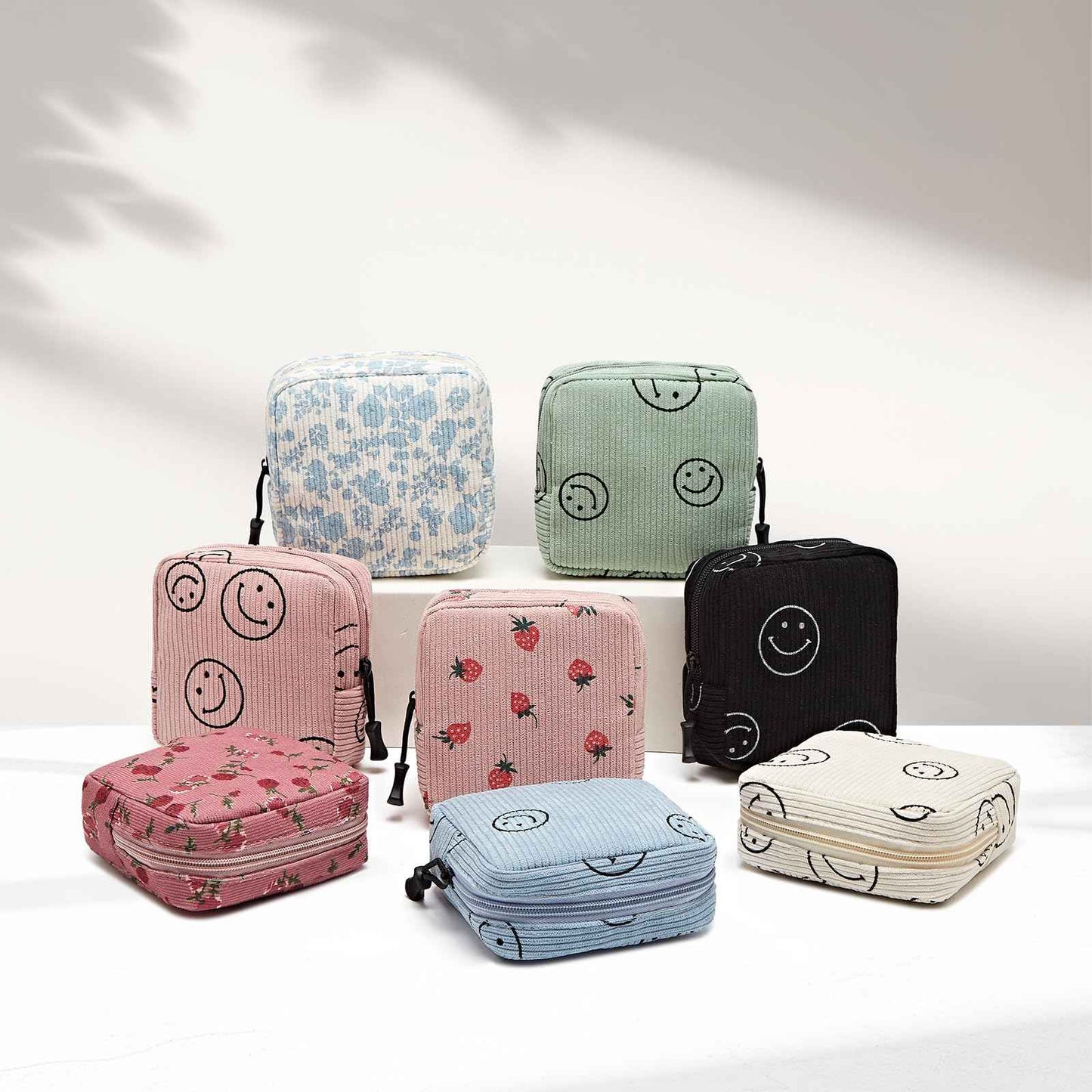 ZOEMTIU Small Makeup Bag for Purse,Mini Cosmetics Bag cute Zipper corduroy Cosmetic Pouch Storage Pouch Travel Toiletry Organizer for Women Girls(Smiley Face,Pink)