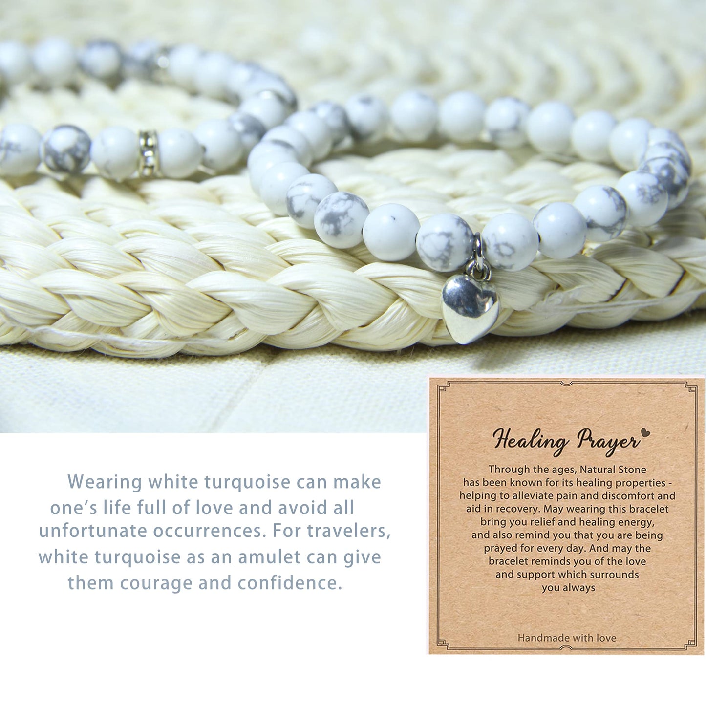 Healing Bracelets for Women - White Turquoise Bracelet - Healing Prayers Crystal Bracelet, 8mm Natural Stone Anti Anxiety Stress Relief Yoga Beads Get Well Soon Gifts