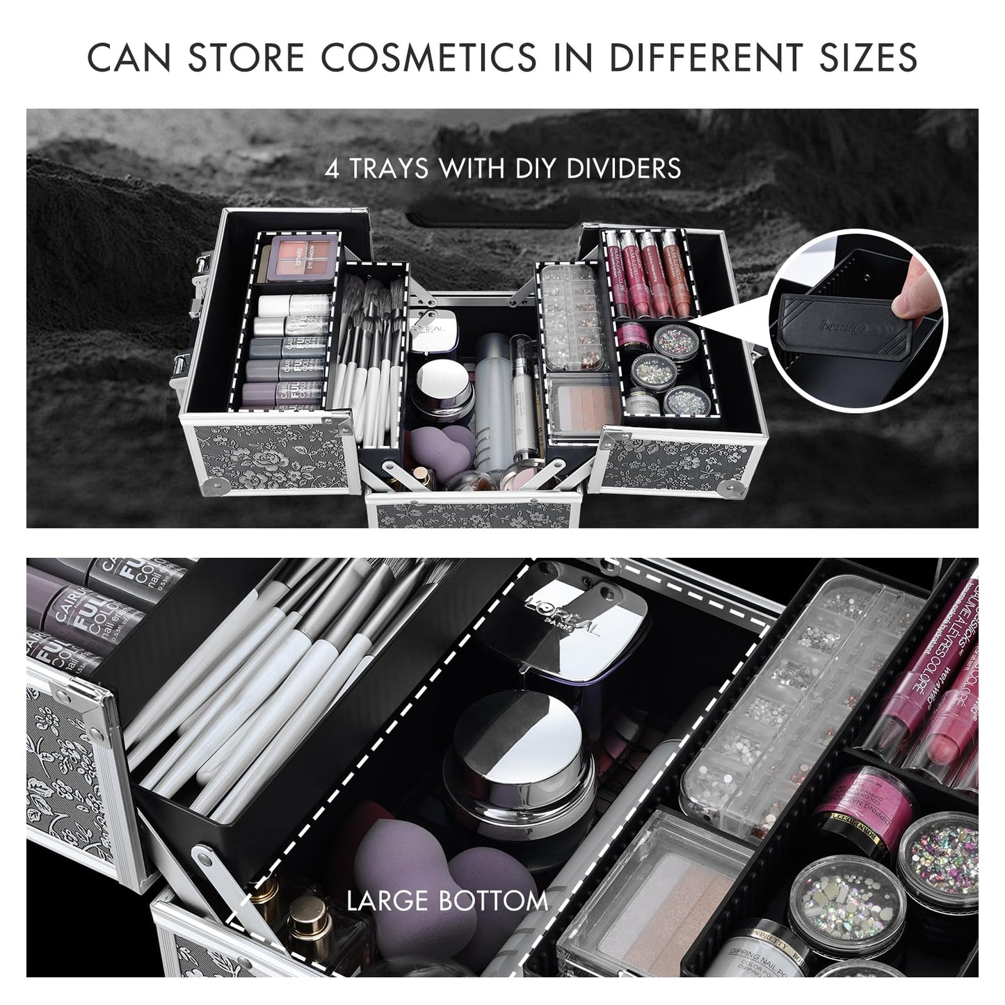 FRENESSA Makeup Train Case Portable Cosmetic Box Organizer Storage 4 Trays Aluminum Makeup Box with Divider Lockable Craft Train Case for Makeup Artist, Crafter, Makeup Tools Silver Floral