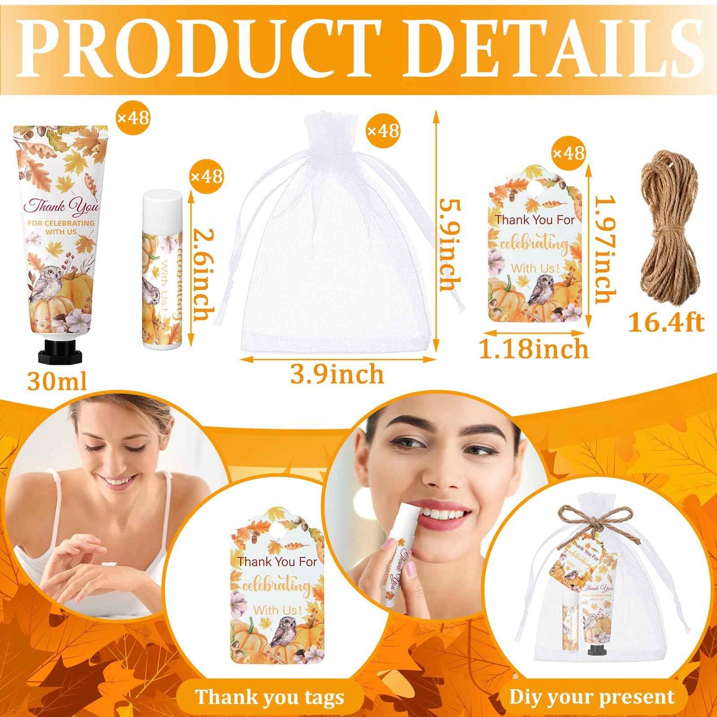 Swiffen 48 Sets 192 Pcs Thanksgiving Pumpkin Hand Cream and Lip Balm Fall Party Favors Gifts for Guests Pumpkin Bridal Baby Shower Wedding Party Favor with Thank You Card Organza Bags Travel Size
