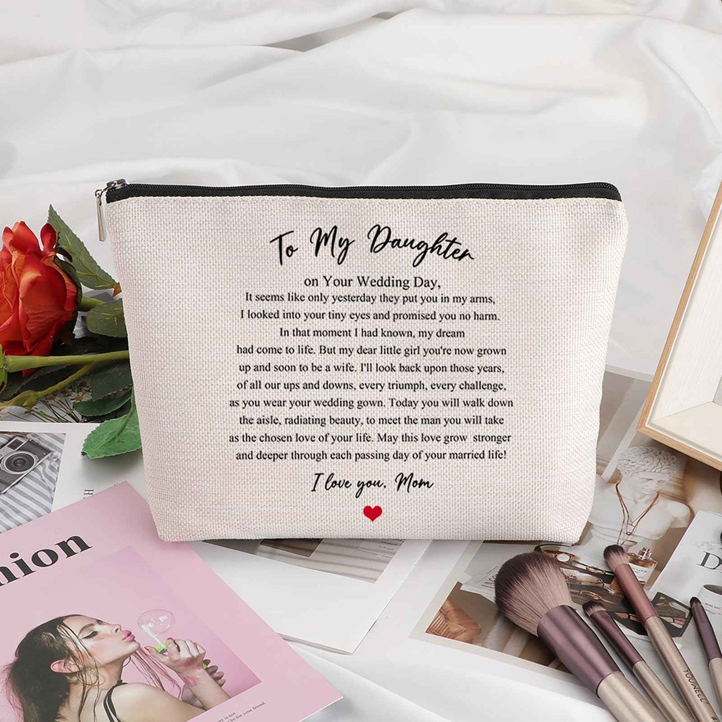 Pwrlveiut Wedding Gift for Bride from Mom Bridal Shower Gift Travel Makeup Bag Bridal Gifts for Bride Keepsake for Daughter from Mother to My Daughter on Your Wedding Day