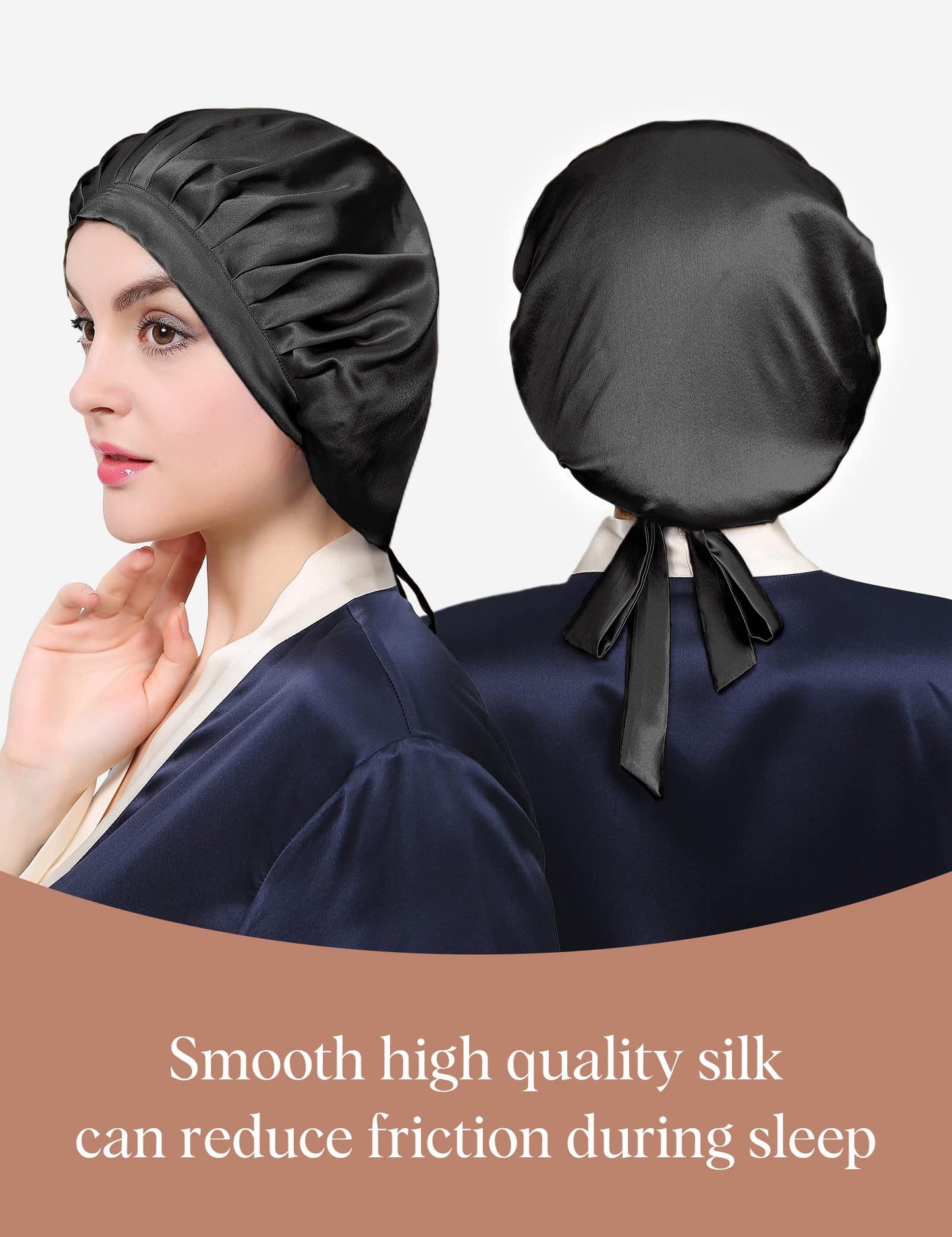 LILYSILK 100% Mulberry Silk Bonnet, 19 Momme Silk Night Sleep Cap Adjustable Hair Wrap for Sleeping, Black