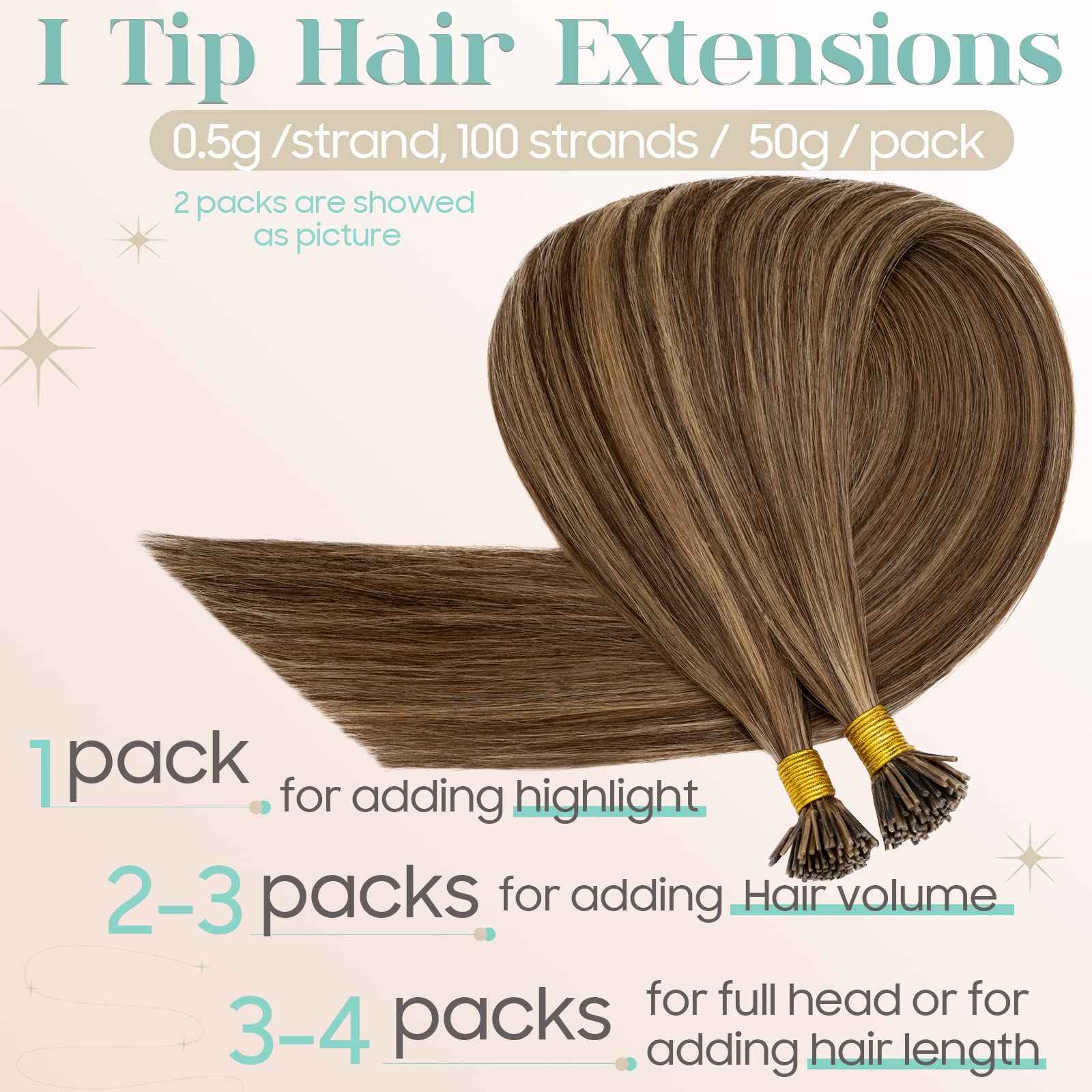 S-noilite Pre bonded I Tip Human Hair Extension for Women 100Strands 50Gram Fusion Stick Tip Remy Human Hair Piece Invisible Keratin Glue K Tip 16Inch #4P27 Medium Brown highlight Dark Blonde