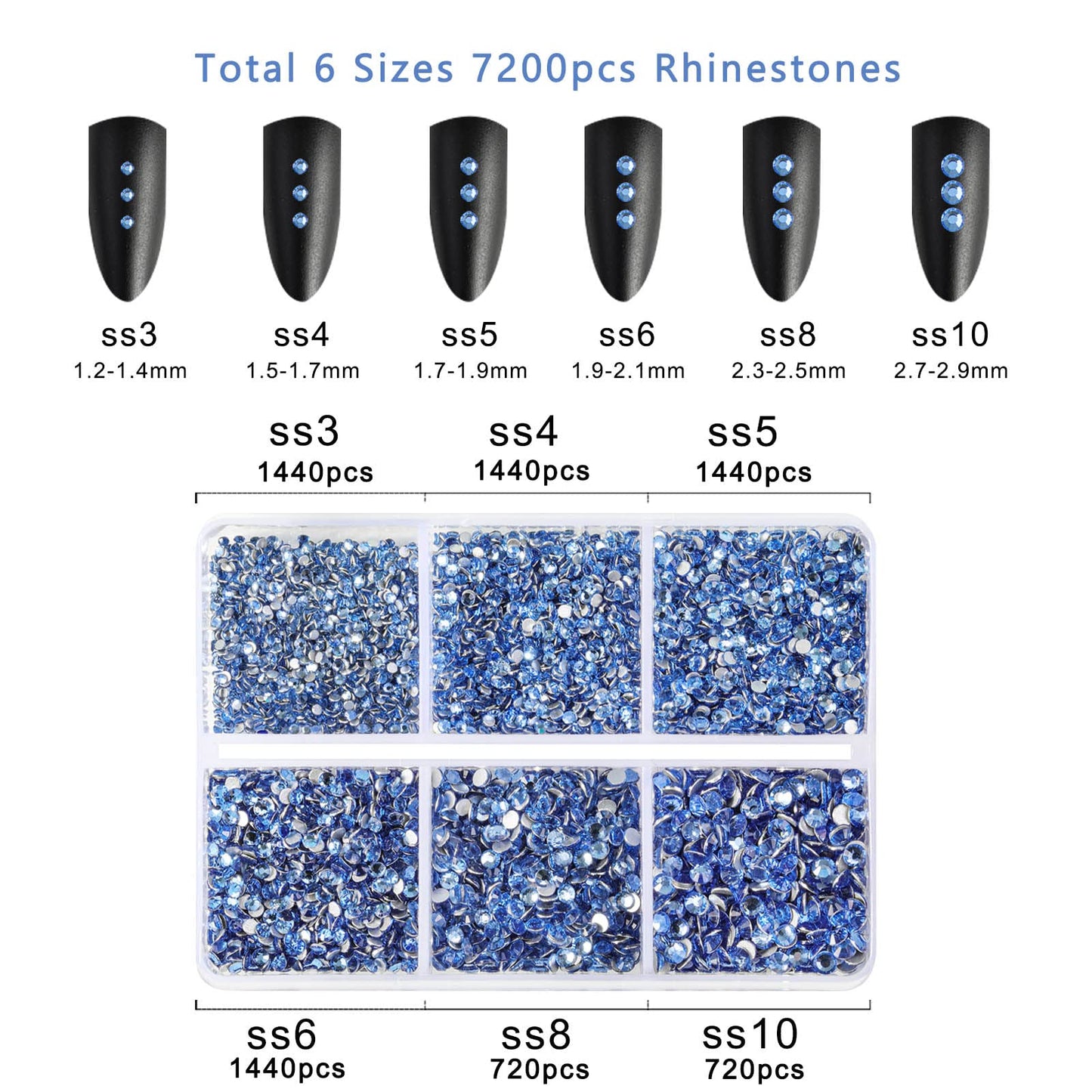 Beadsland 7200pcs Flatback Rhinestones,Light Blue Rhinestones Nail Gems Round Crystal Rhinestones for Crafts,Mixed 6 Sizes with Wax Pencil Kit, SS3-SS10,Light Sapphire