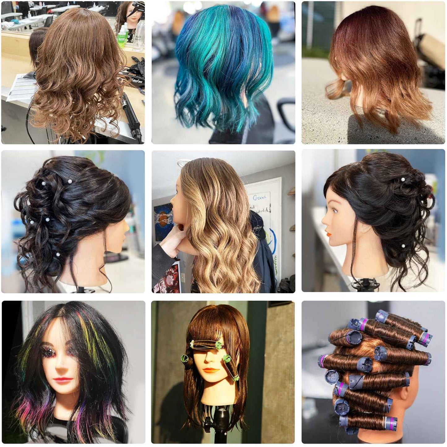 100% Human Real Hair Mannequin Head with 9 Tools and Clamp, Hairdressers' Practice Training Manikin Head and Cosmotology Doll Head for Hairstyling and Braid - Dark Brown