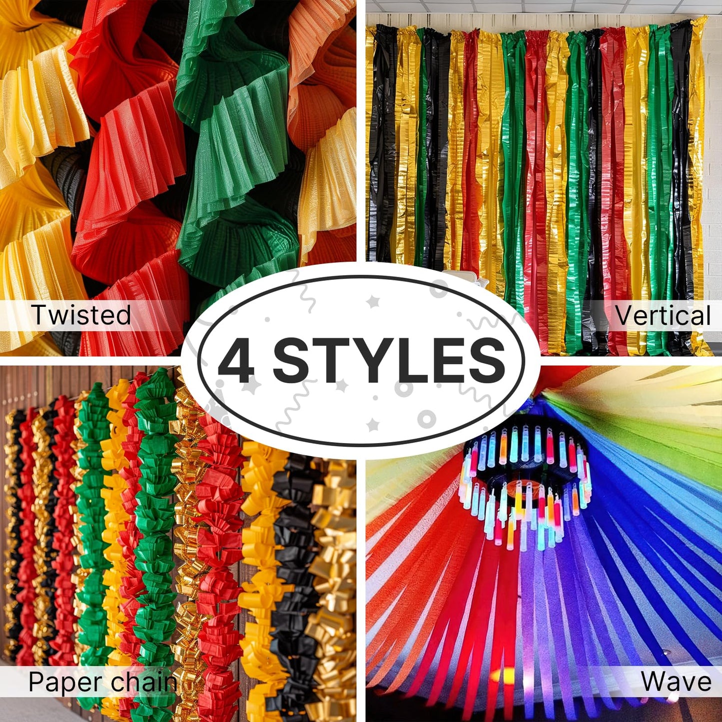 PartyWoo Crepe Paper Streamers 6 Rolls 492ft, Pack of Metallic Gold Black Green Red Yellow Crepe Paper Streamers, Crepe Paper for Black History Month Party Decorations (1.8 in x 82 Ft/Roll)