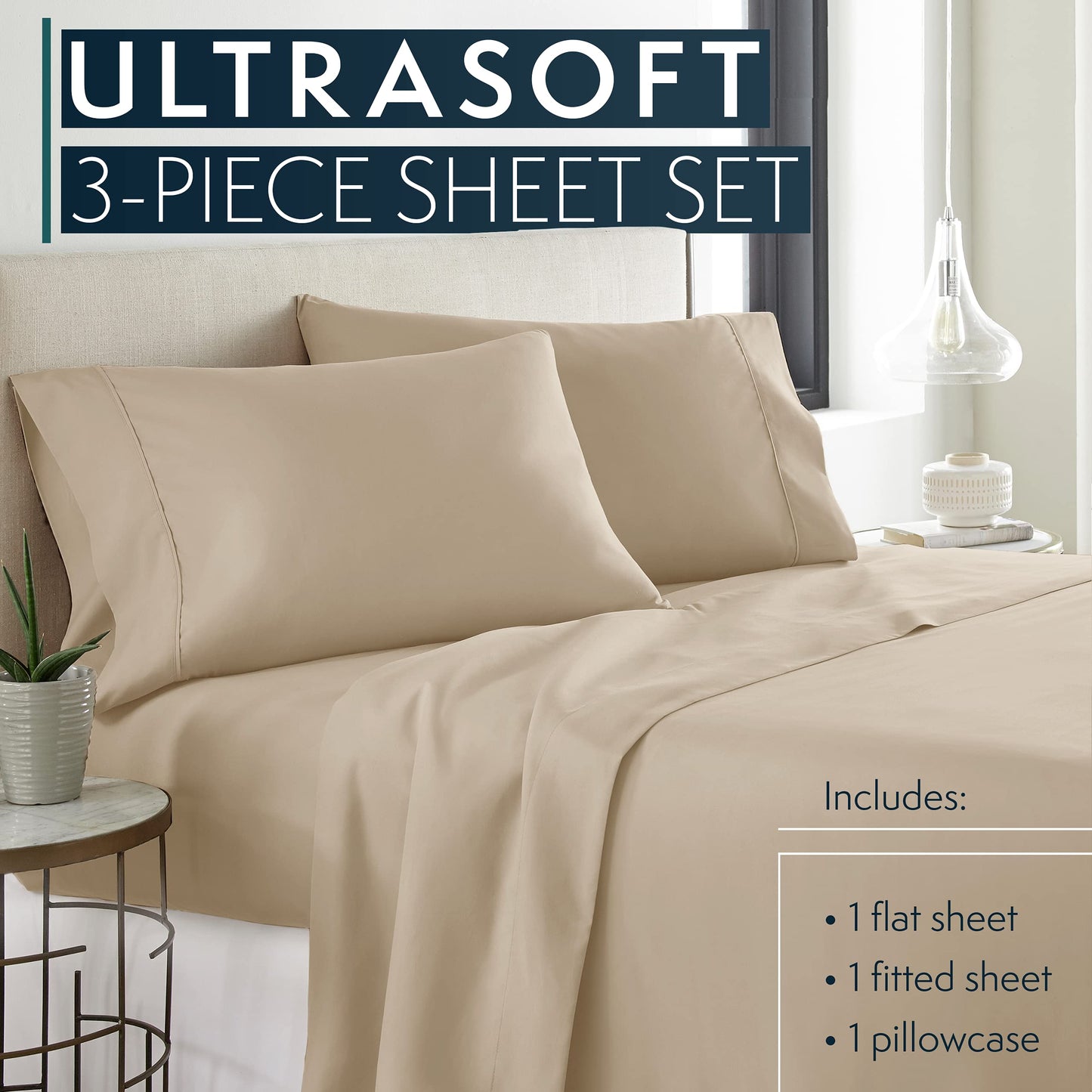 Twin Sheets Set, 3 pc Bed Sheets & Pillowcase Set - Machine Washable for Easy Care - Soft & Breathable All Season Microfiber Sheets with Deep Pockets - Taupe