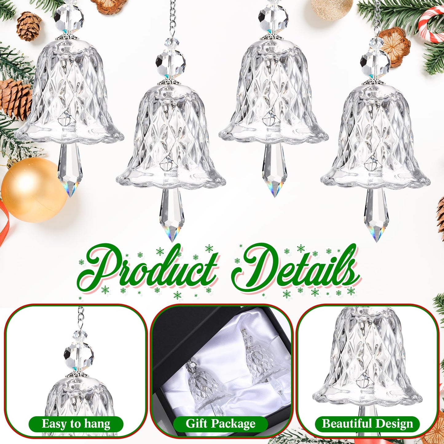 Maxcheck 4 Packs Christmas Bell Ornaments Glittering Christmas Ornaments Christmas Tree Crystal Glass Bell Charms Gifts for Christmas Xmas Tree Window Room Wedding Decoration(Clear)