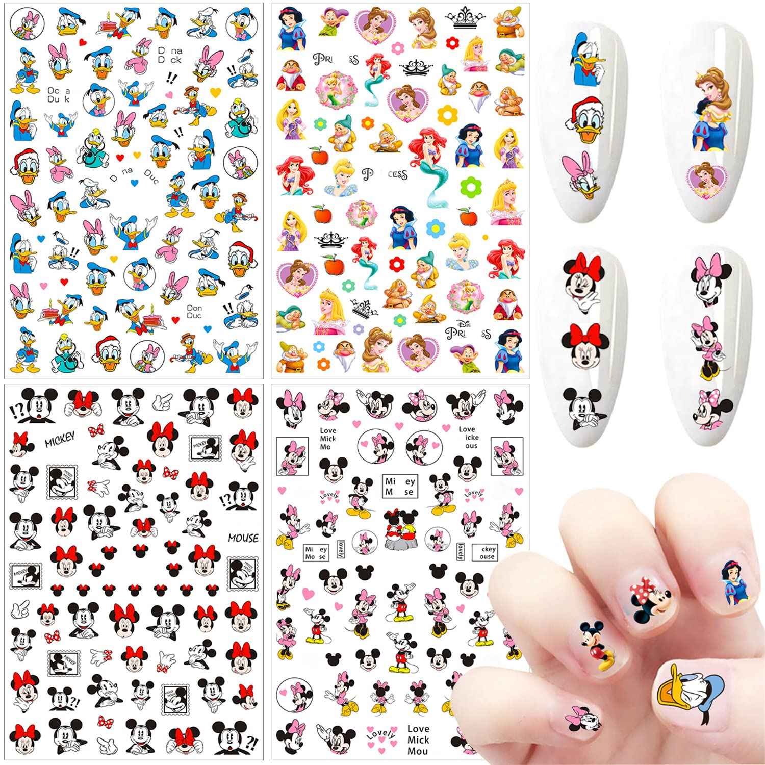 Cartoon Nail Art Stickers 3D Self-Adhesive Nail Decals Cute Nails Stickers Nail Art Supplies Designer Nails Sticker for Women Nails Art Decorations (4 Sheets)